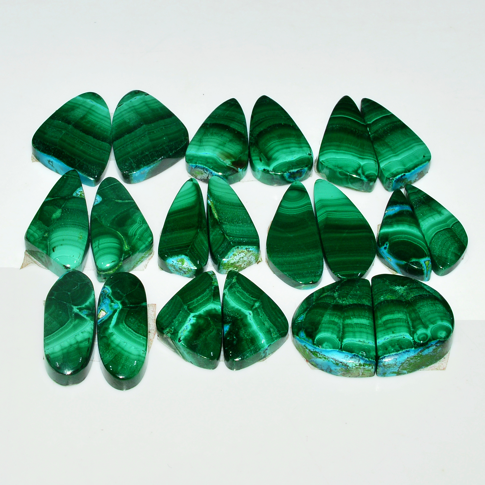 9 Pairs 189Cts Natural Malachite Loose Gemstone Cabochon Pair Lot for Silver Earrings 22x10 20x9mm 19030