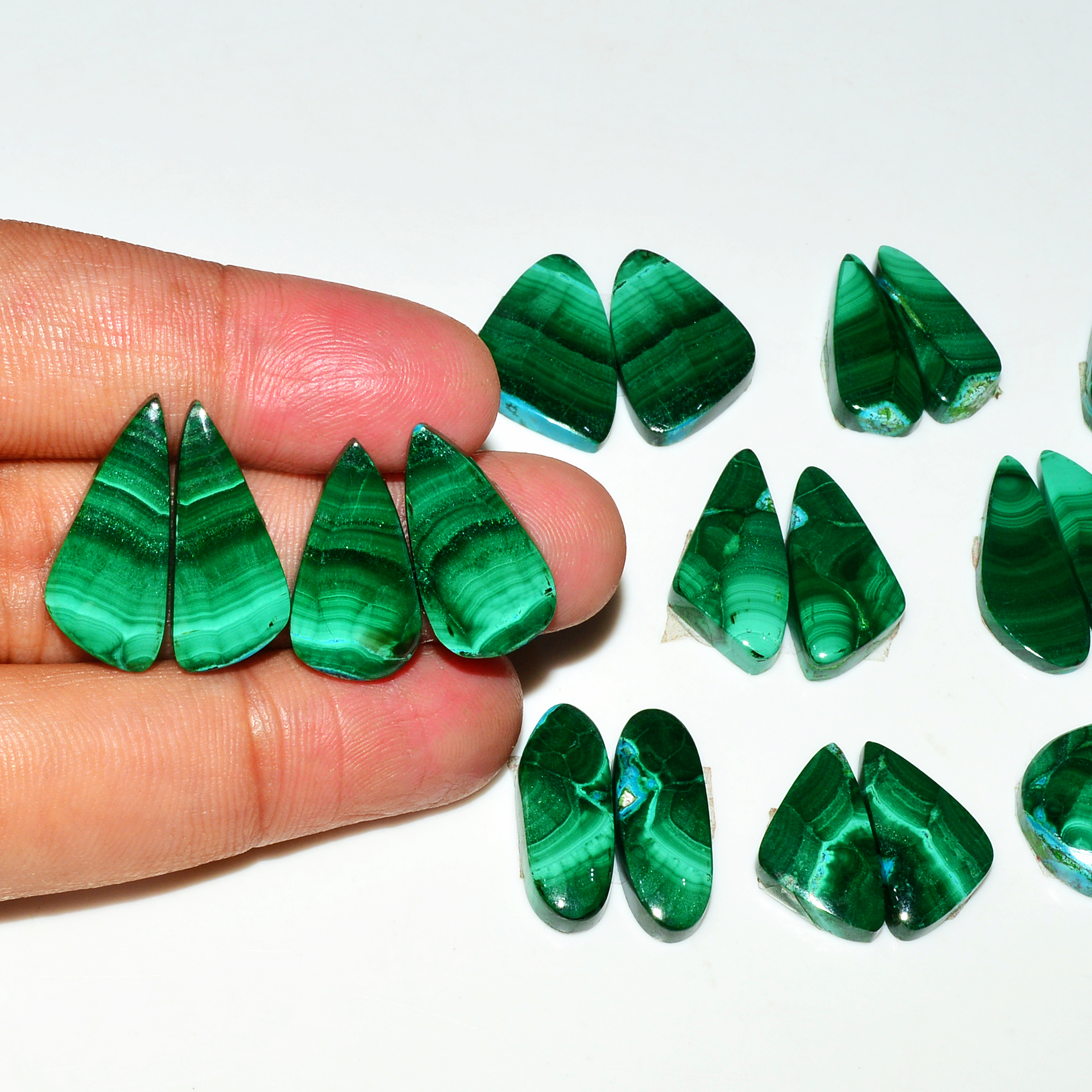 9 Pairs 189Cts Natural Malachite Loose Gemstone Cabochon Pair Lot for Silver Earrings 22x10 20x9mm 19030