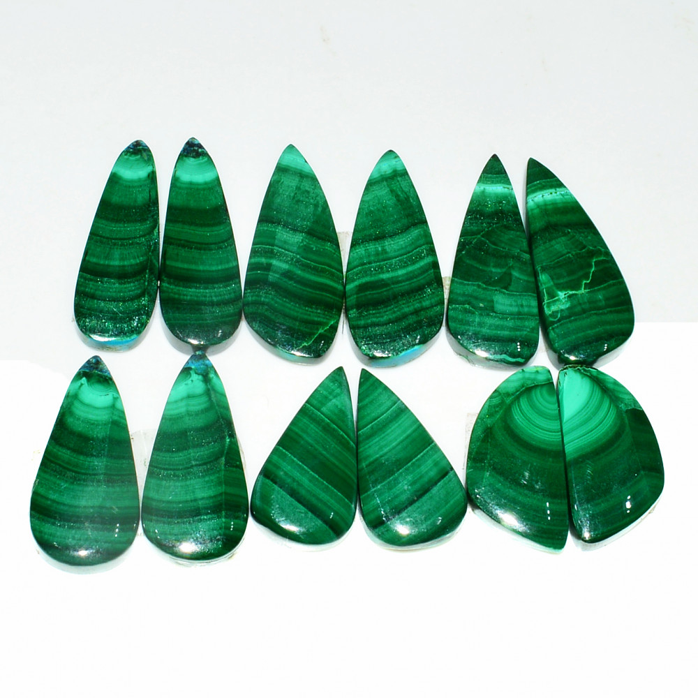 Image of 6 Pairs 151Cts Natural Malachite Loose Gemstone Cabochon Pair Lot for Silver Earrings 29x11  21x12mm #19032