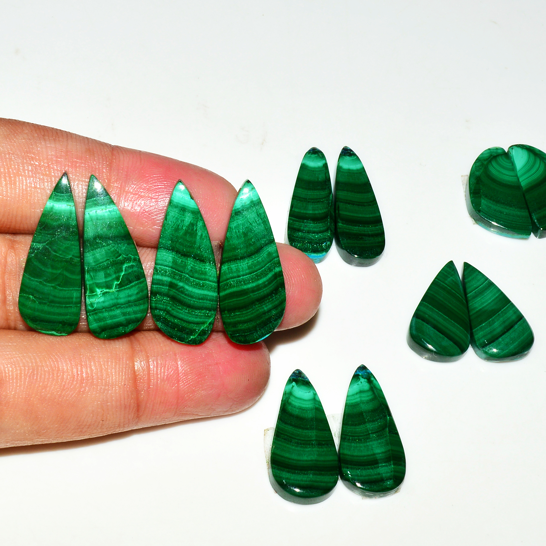 6 Pairs 151Cts Natural Malachite Loose Gemstone Cabochon Pair Lot for Silver Earrings 29x11 21x12mm 19032