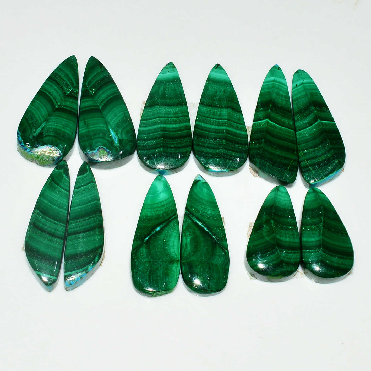 6 Pairs 140Cts Natural Malachite Loose Gemstone Cabochon Pair Lot for Silver Earrings 28x10 20x11mm 19033