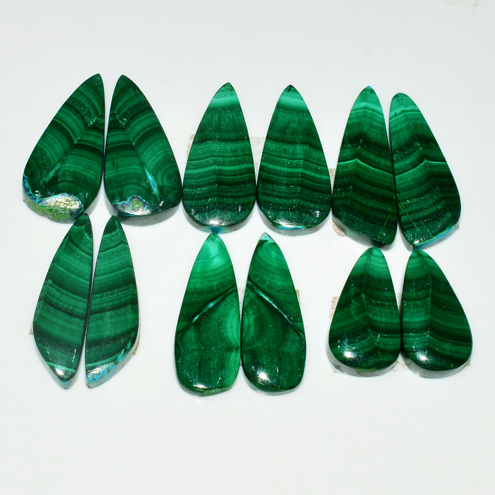 Image of 6 Pairs 140Cts Natural Malachite Loose Gemstone Cabochon Pair Lot for Silver Earrings 28x10  20x11mm #19033