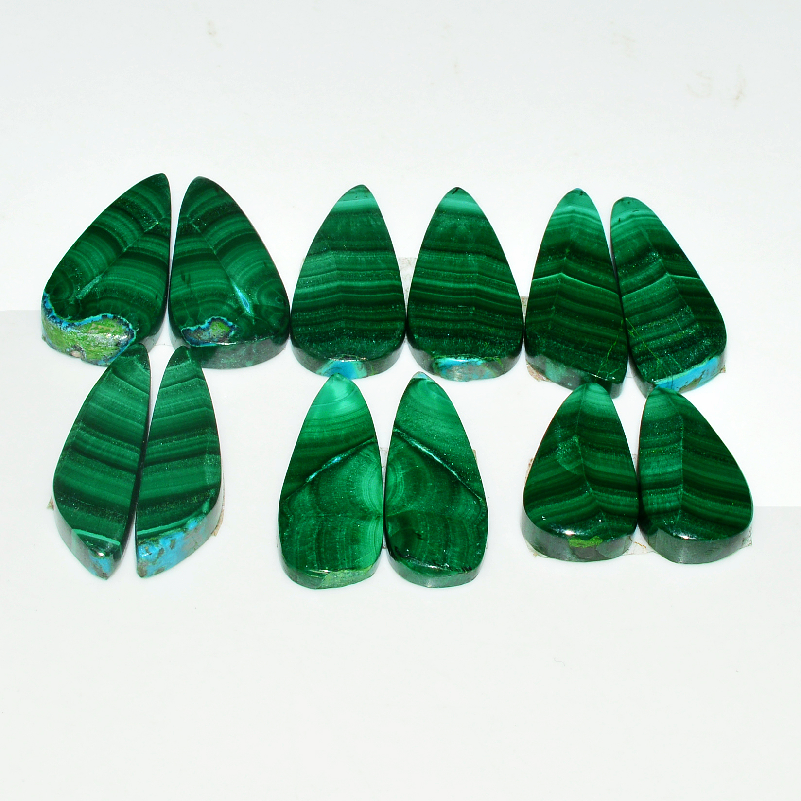 6 Pairs 140Cts Natural Malachite Loose Gemstone Cabochon Pair Lot for Silver Earrings 28x10 20x11mm 19033