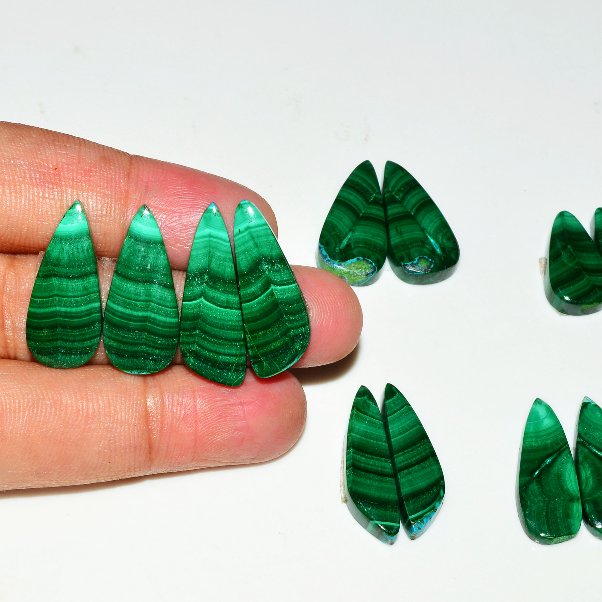 6 Pairs 140Cts Natural Malachite Loose Gemstone Cabochon Pair Lot for Silver Earrings 28x10 20x11mm 19033