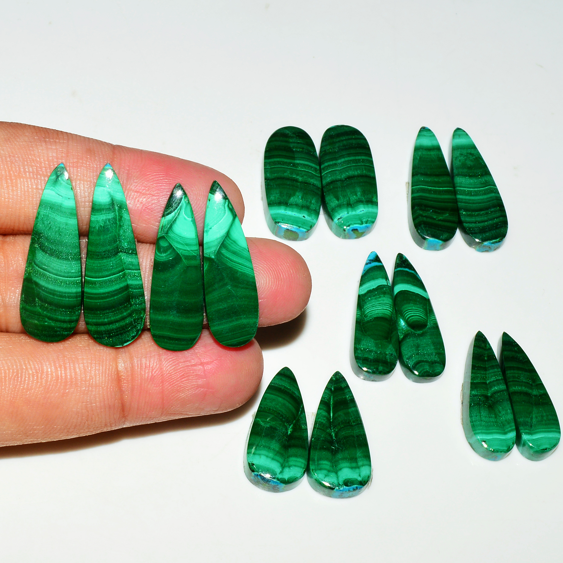 7 Pairs 210Cts Natural Malachite Loose Gemstone Cabochon Pair Lot for Silver Earrings 31x10  24x11mm 19034