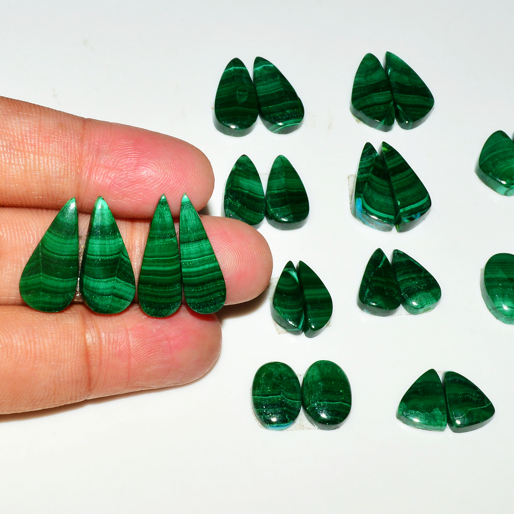 13 Pairs 158Cts Natural Malachite Loose Gemstone Cabochon Pair Lot for Silver Earrings 22x18 15x5mm 19036