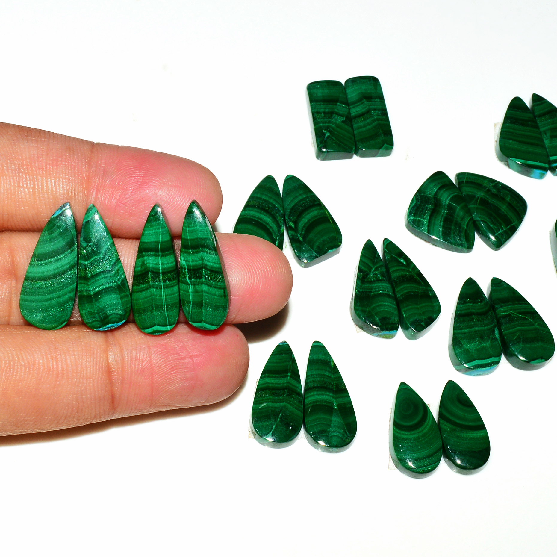 12 Pairs 225Cts Natural Malachite Loose Gemstone Cabochon Pair Lot for Silver Earrings 21x9 19x9mm 19037