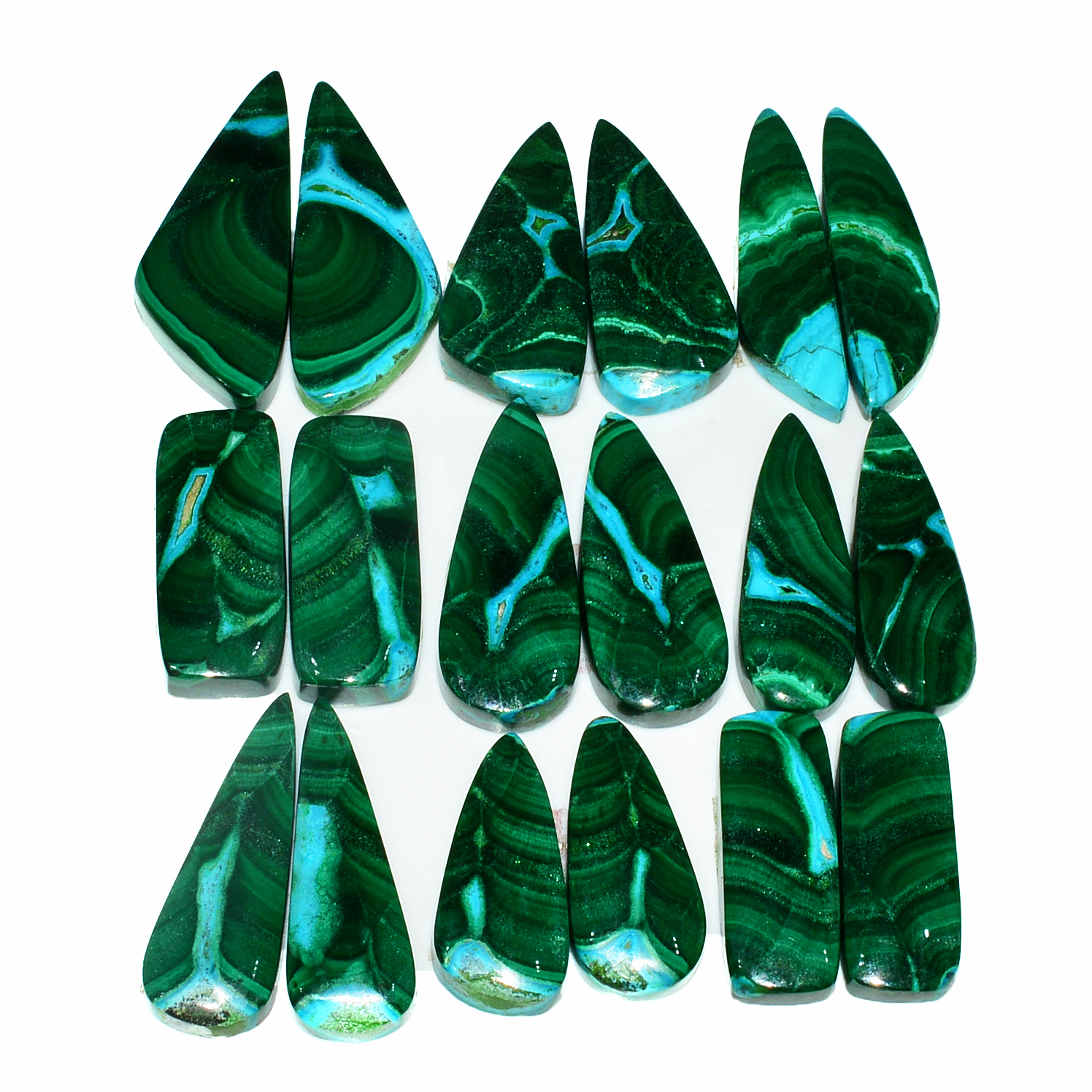 9 Pairs 282Cts Natural Malachite Loose Gemstone Cabochon Pair Lot for Silver Earrings 32x12 21x11mm 19038