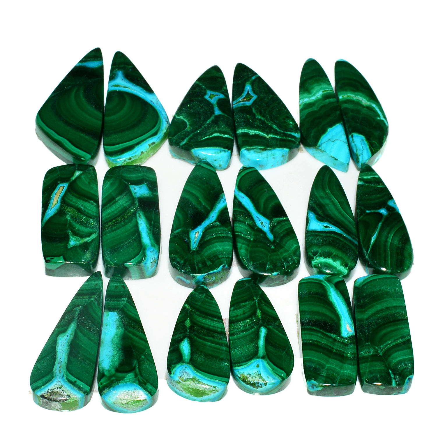 9 Pairs 282Cts Natural Malachite Loose Gemstone Cabochon Pair Lot for Silver Earrings 32x12 21x11mm 19038