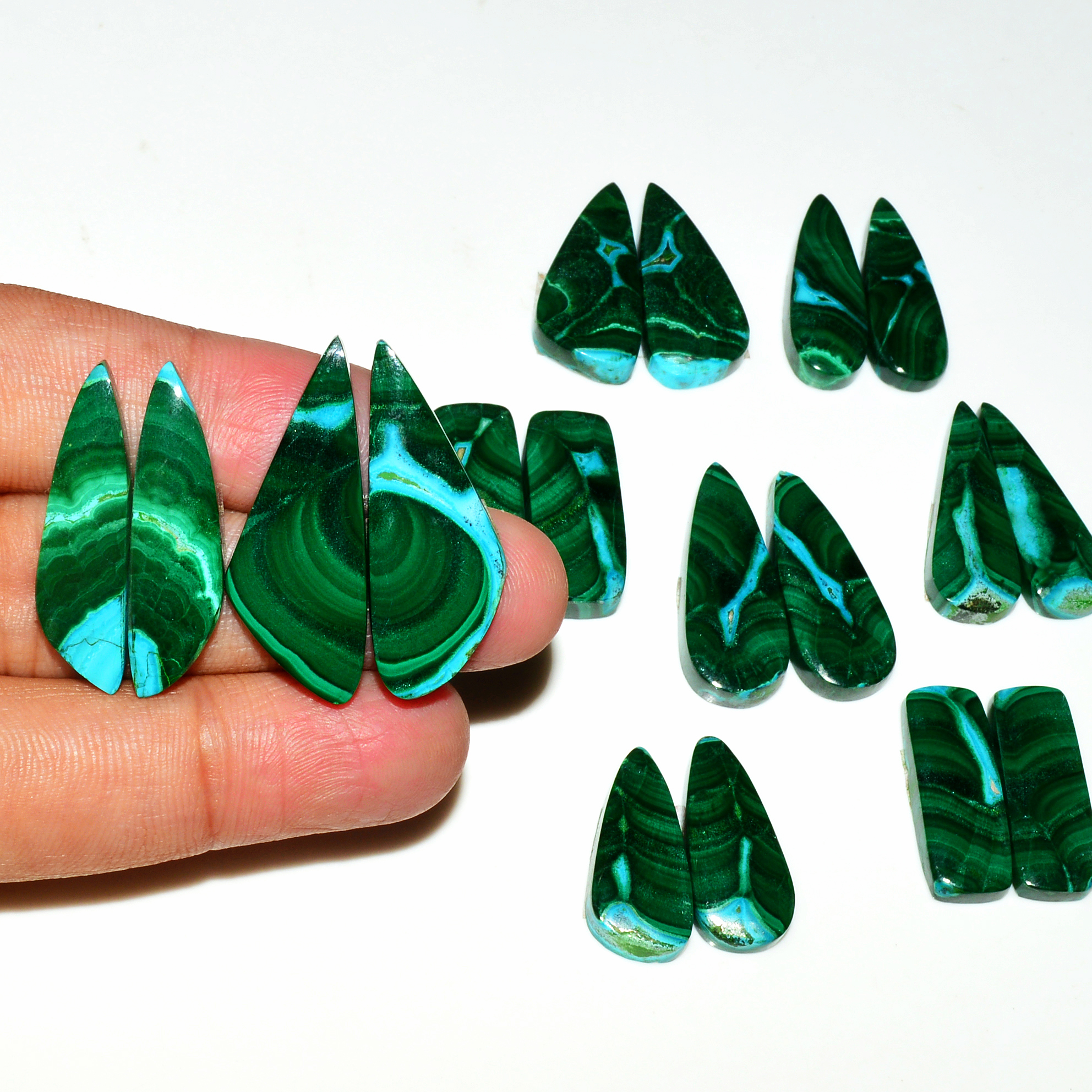 9 Pairs 282Cts Natural Malachite Loose Gemstone Cabochon Pair Lot for Silver Earrings 32x12 21x11mm 19038