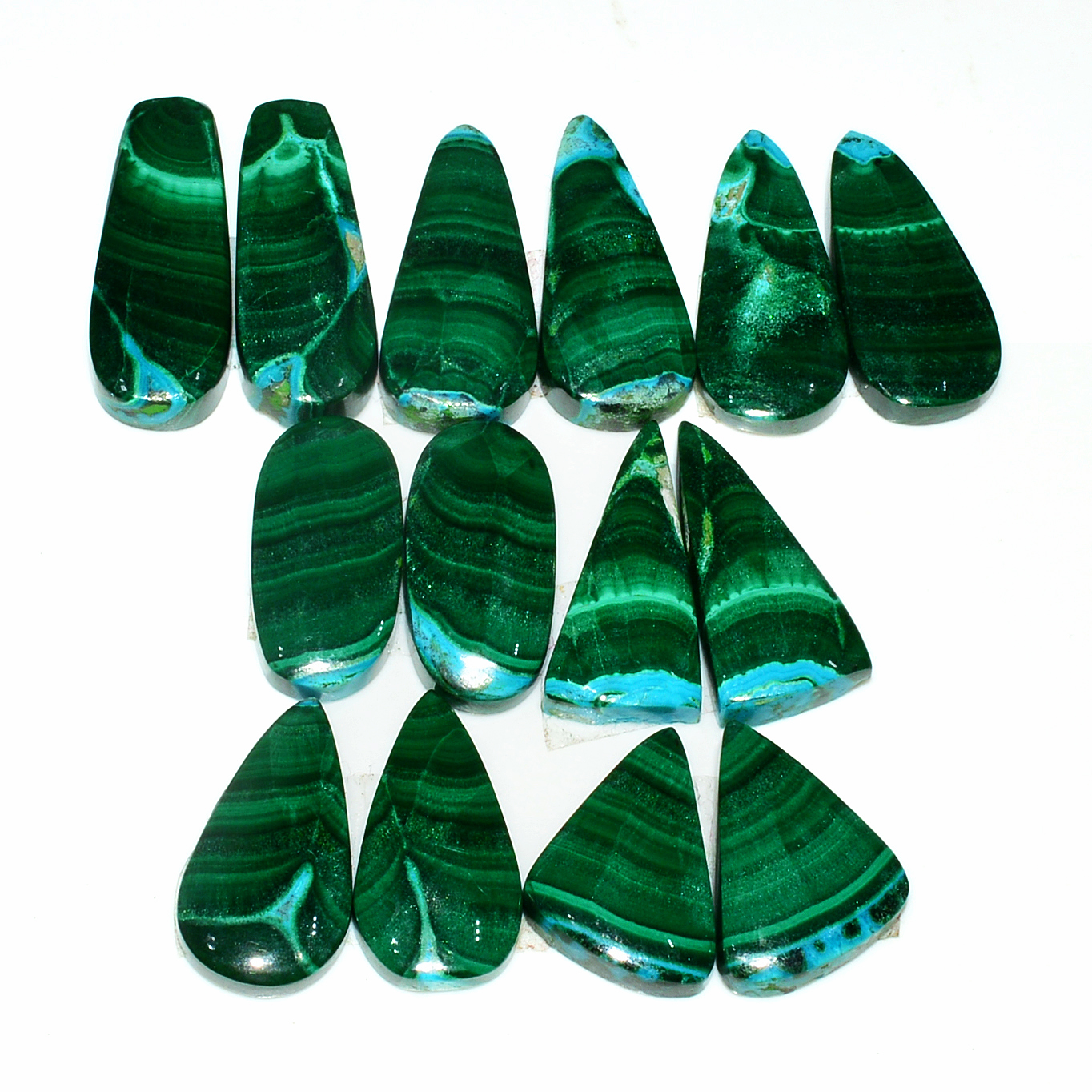 7 Pairs 182Cts Natural Malachite Loose Gemstone Cabochon Pair Lot for Silver Earrings 26x10 20x11mm 19039