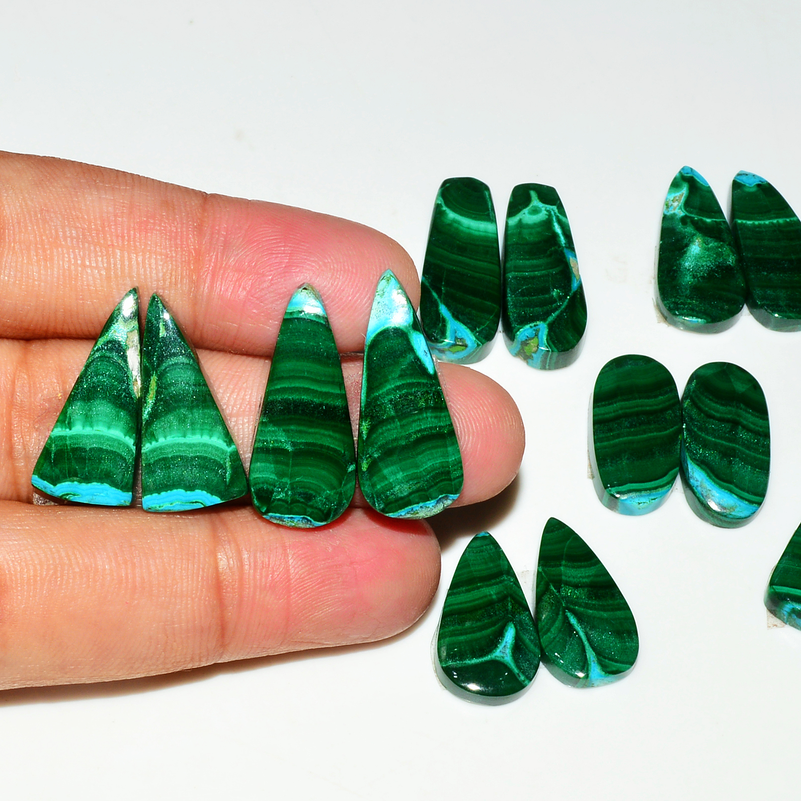 7 Pairs 182Cts Natural Malachite Loose Gemstone Cabochon Pair Lot for Silver Earrings 26x10 20x11mm 19039