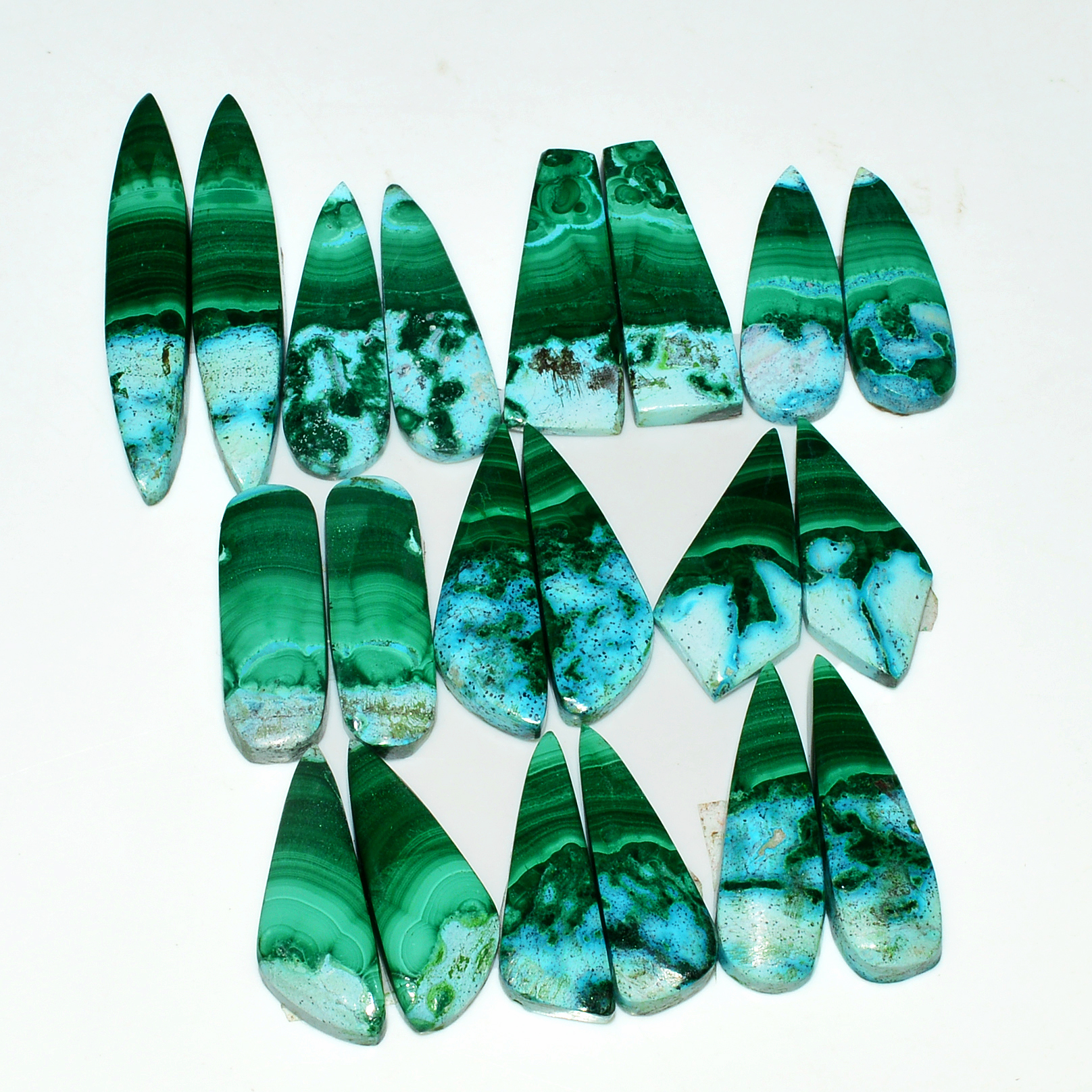 10 Pairs 266Cts Natural Malachite Loose Gemstone Cabochon Pair Lot for Silver Earrings 44x10 26x10mm 19040