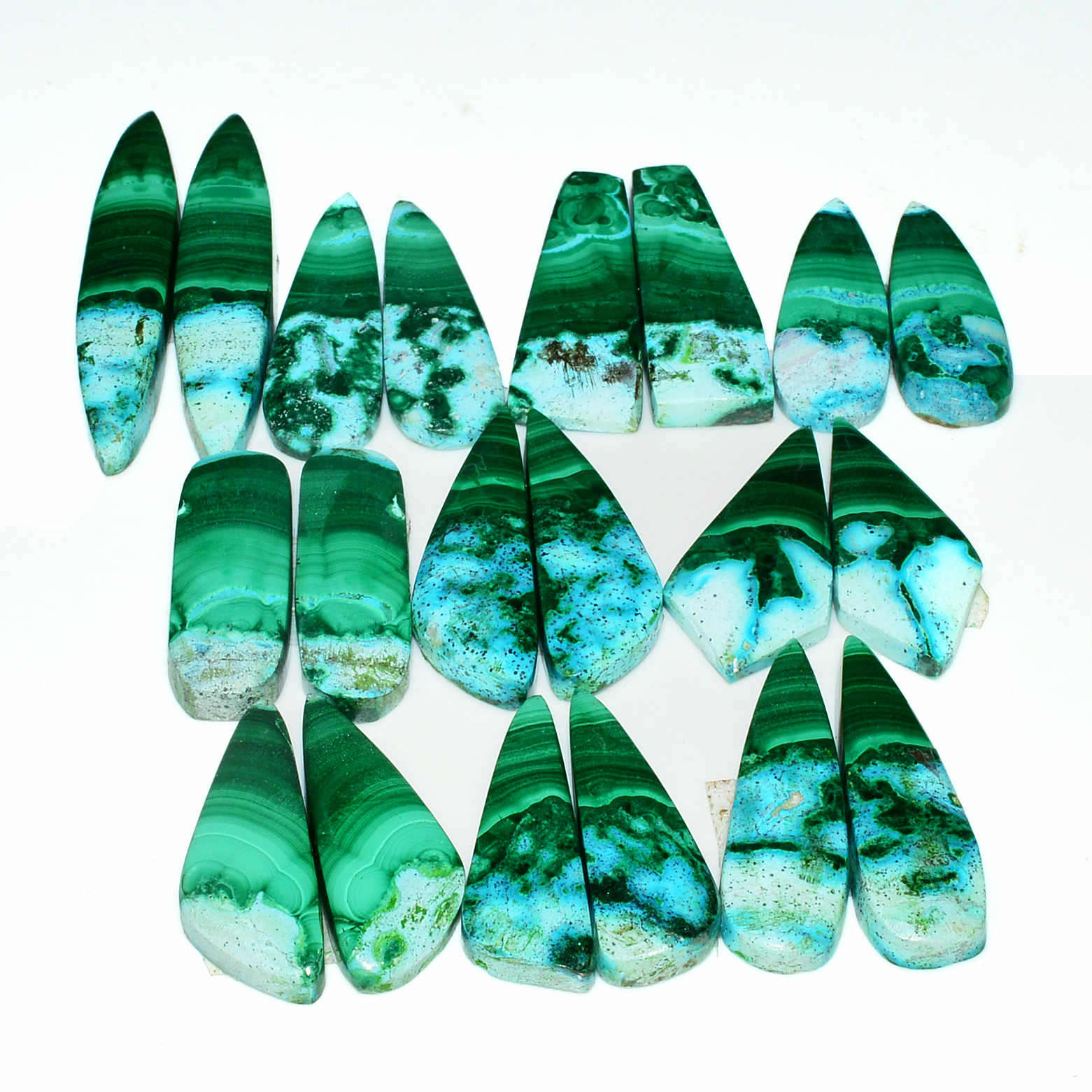 10 Pairs 266Cts Natural Malachite Loose Gemstone Cabochon Pair Lot for Silver Earrings 44x10 26x10mm 19040