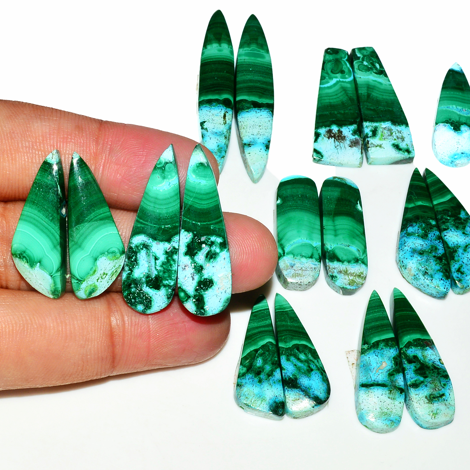10 Pairs 266Cts Natural Malachite Loose Gemstone Cabochon Pair Lot for Silver Earrings 44x10 26x10mm 19040
