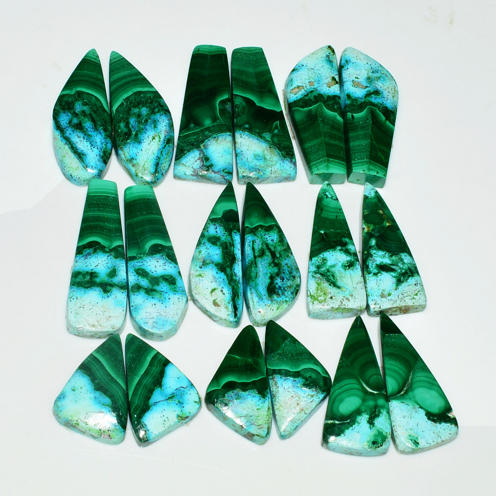 Image of 9 Pairs 227Cts Natural Malachite Loose Gemstone Cabochon Pair Lot for Silver Earrings 30x12  20x10mm #19041