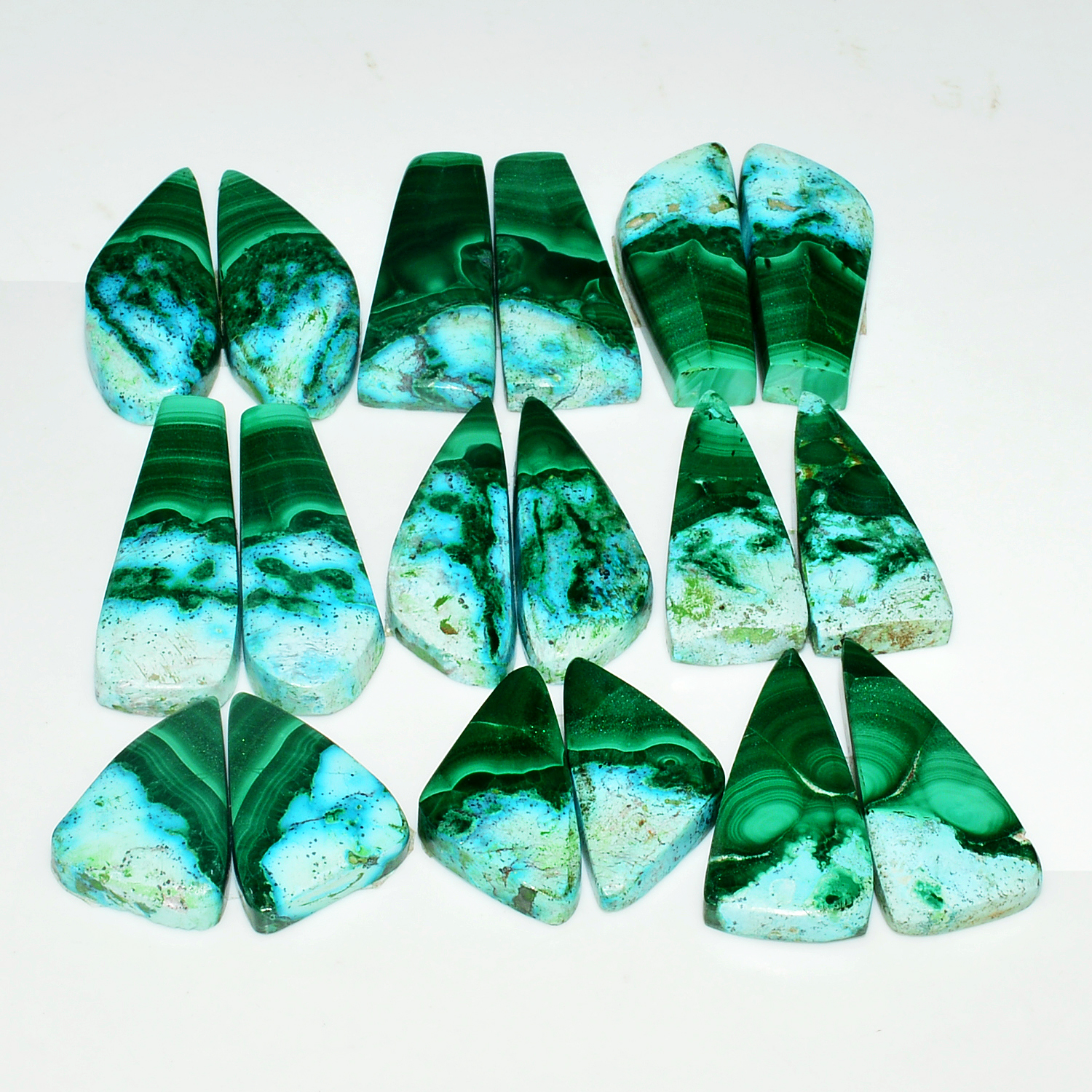 9 Pairs 227Cts Natural Malachite Loose Gemstone Cabochon Pair Lot for Silver Earrings 30x12  20x10mm 19041