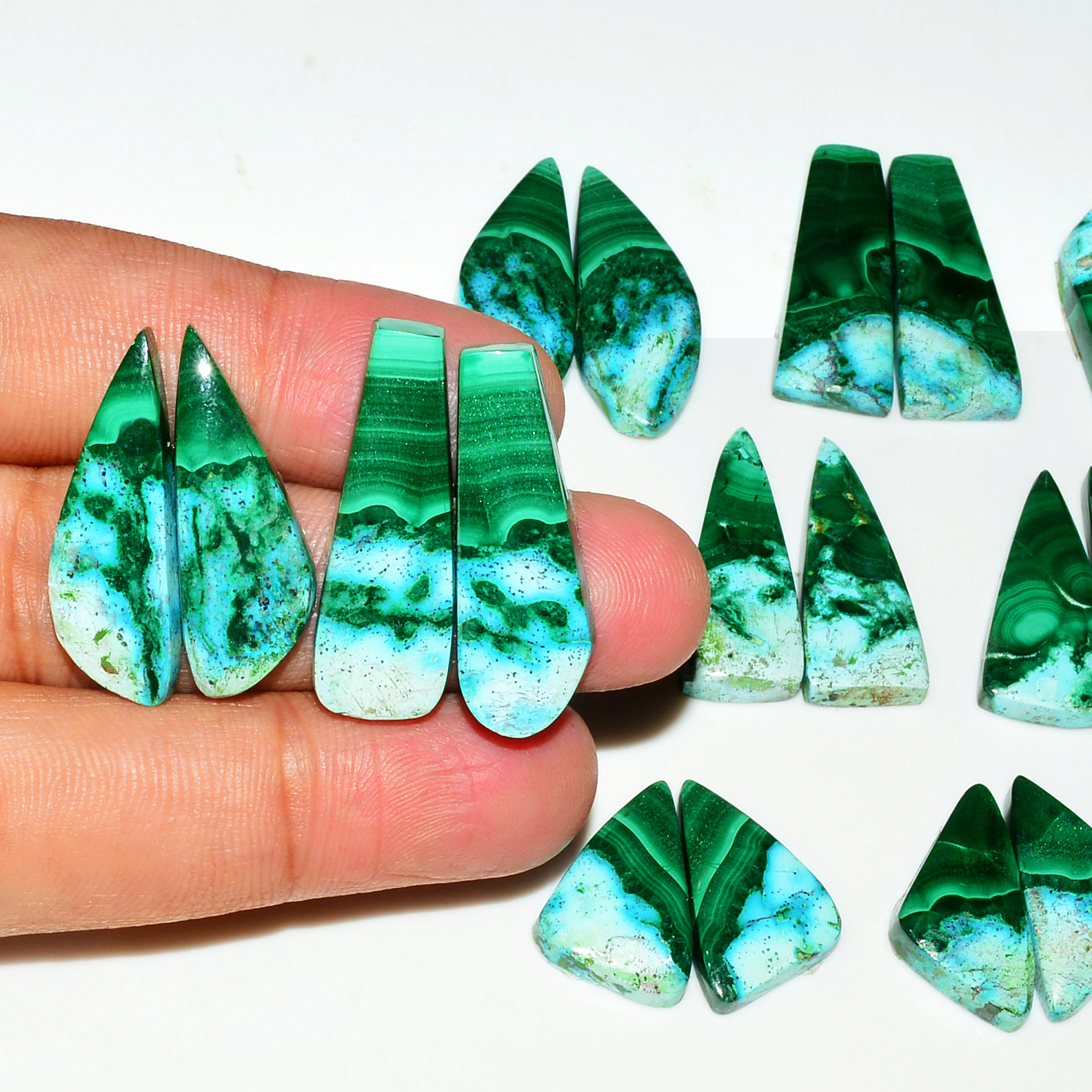 9 Pairs 227Cts Natural Malachite Loose Gemstone Cabochon Pair Lot for Silver Earrings 30x12 20x10mm 19041