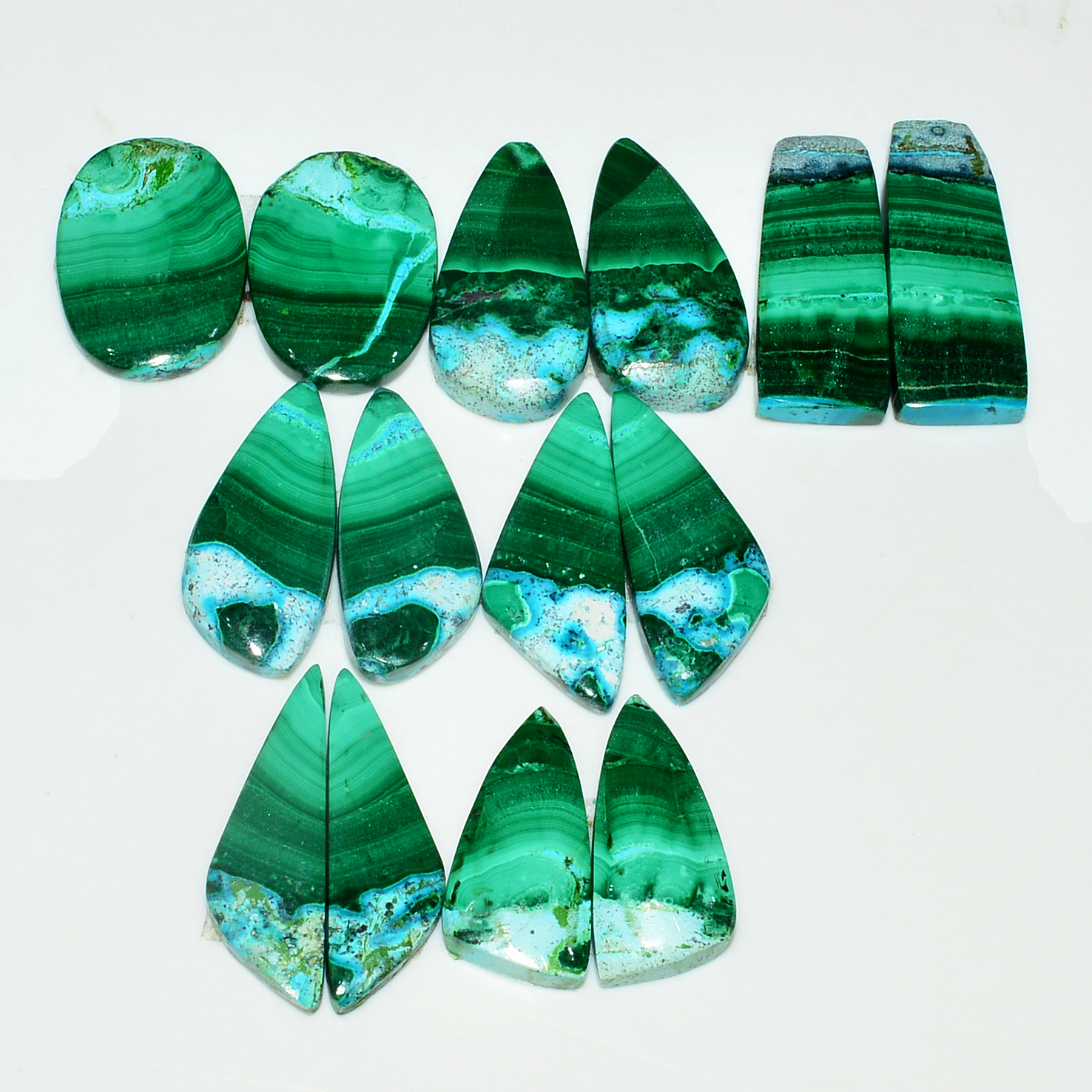 7 Pairs 161Cts Natural Malachite Loose Gemstone Cabochon Pair Lot for Silver Earrings 24x12 21x10mm 19042