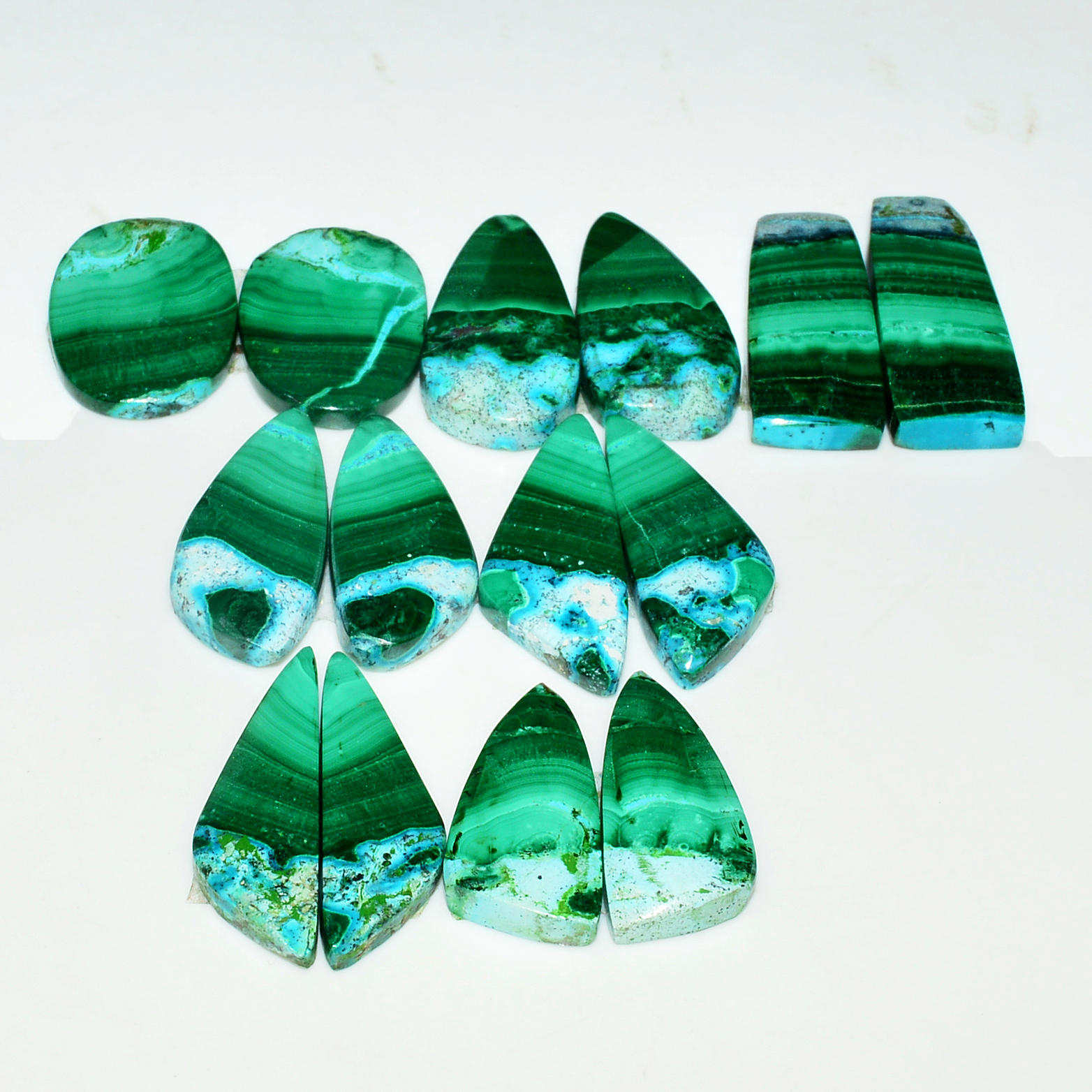 7 Pairs 161Cts Natural Malachite Loose Gemstone Cabochon Pair Lot for Silver Earrings 24x12 21x10mm 19042