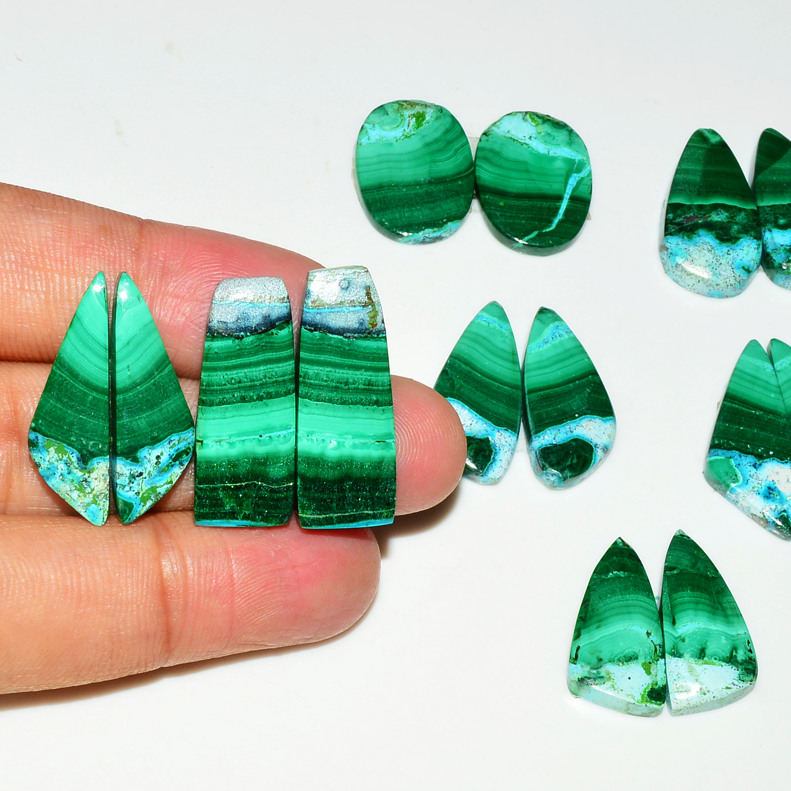 7 Pairs 161Cts Natural Malachite Loose Gemstone Cabochon Pair Lot for Silver Earrings 24x12 21x10mm 19042