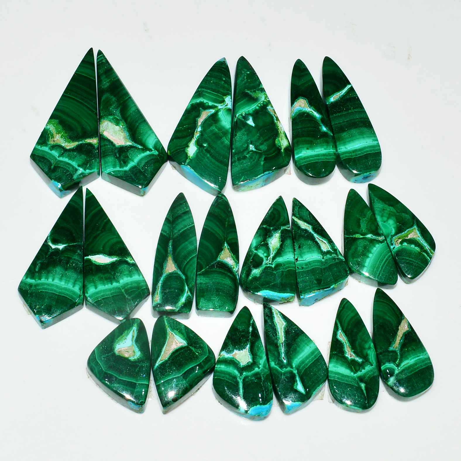 10 Pairs 270Cts Natural Malachite Loose Gemstone Cabochon Pair Lot for Silver Earrings 35x13 19x12mm 19043
