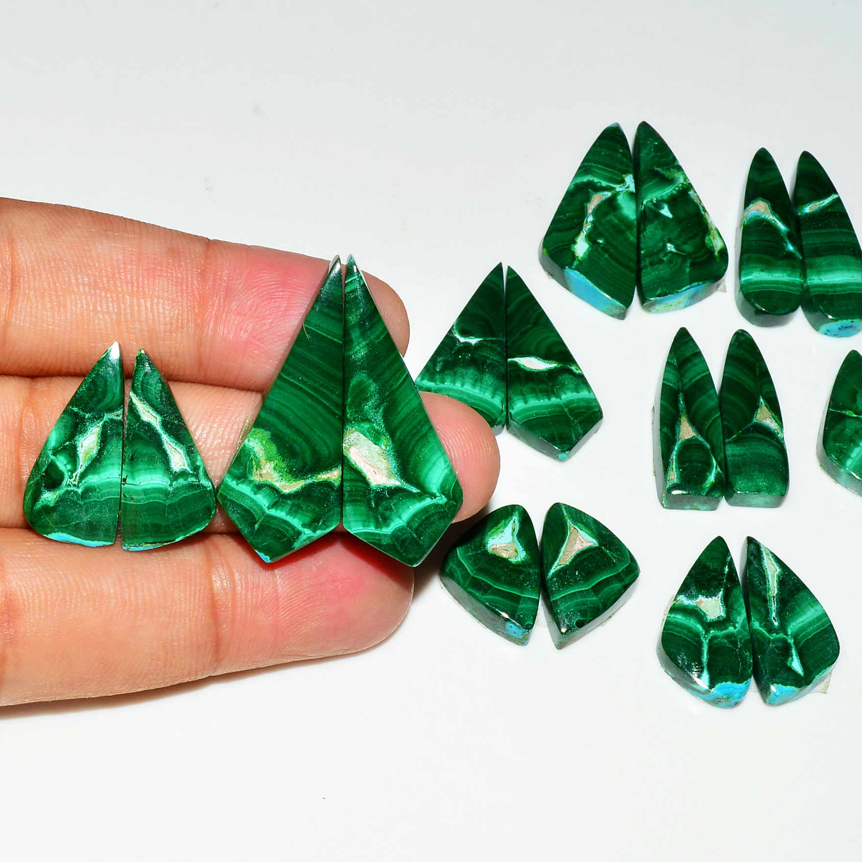 10 Pairs 270Cts Natural Malachite Loose Gemstone Cabochon Pair Lot for Silver Earrings 35x13 19x12mm 19043