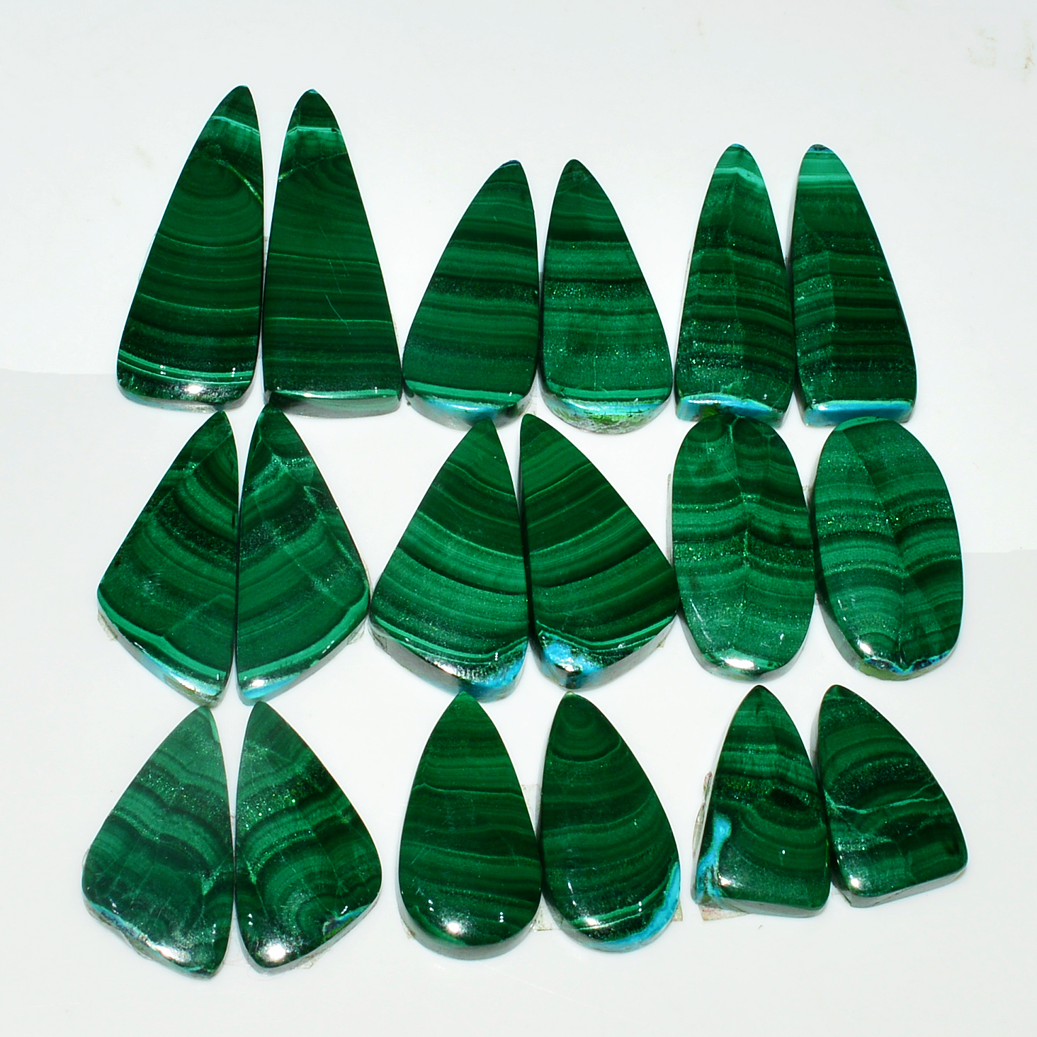 9 Pairs 233Cts Natural Malachite Loose Gemstone Cabochon Pair Lot for Silver Earrings 31x12 19x11mm 19044
