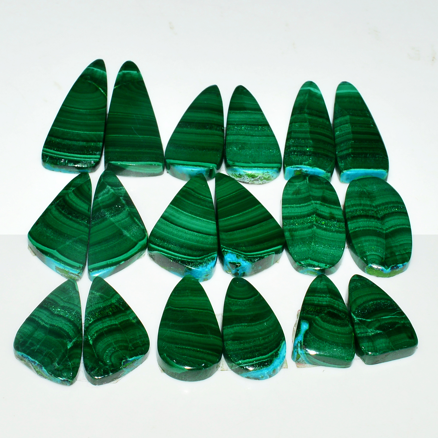 9 Pairs 233Cts Natural Malachite Loose Gemstone Cabochon Pair Lot for Silver Earrings 31x12 19x11mm 19044