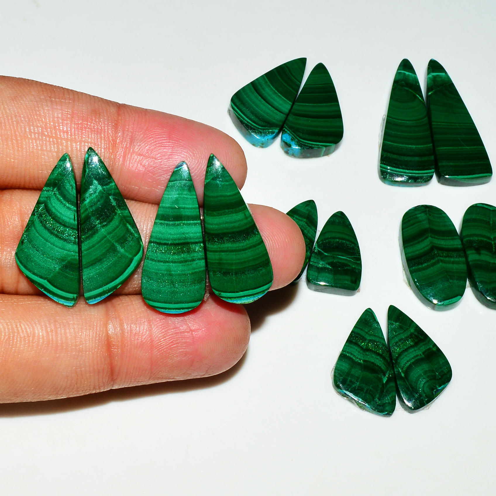 9 Pairs 233Cts Natural Malachite Loose Gemstone Cabochon Pair Lot for Silver Earrings 31x12 19x11mm 19044