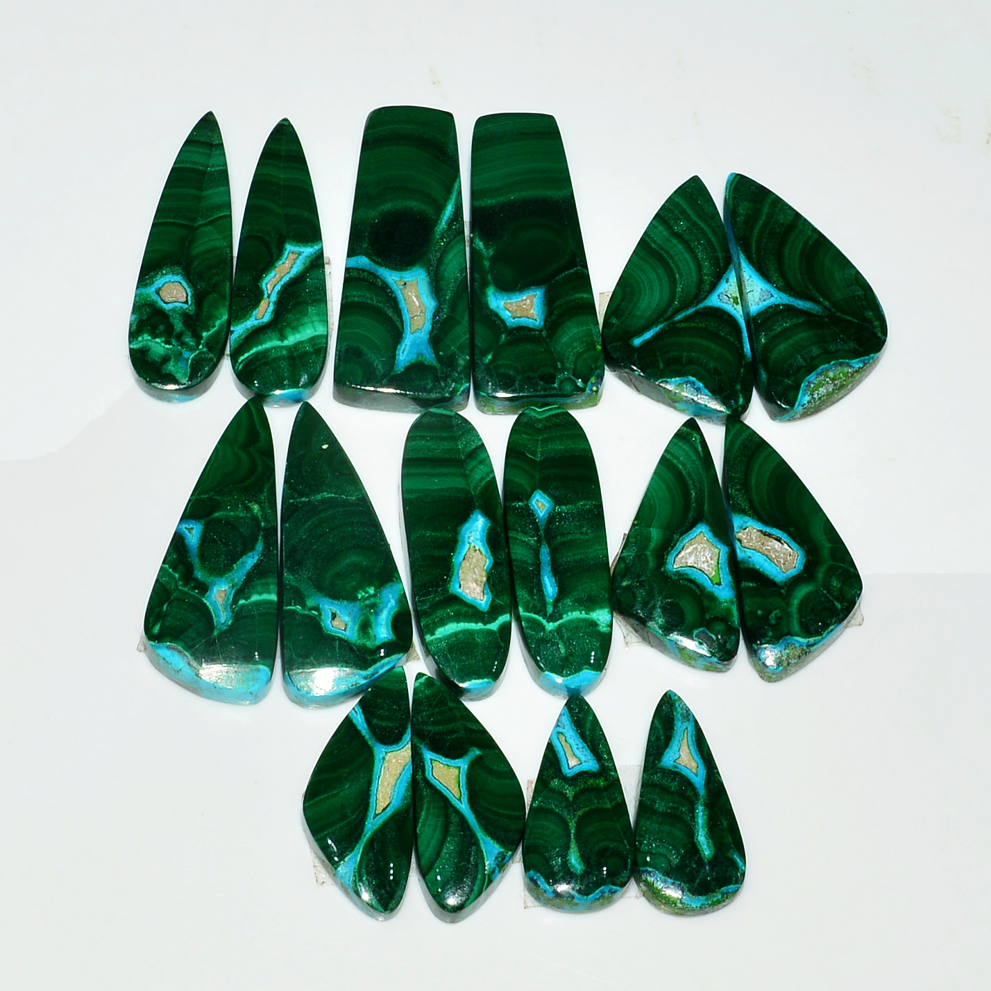 8 Pairs 252Cts Natural Malachite Loose Gemstone Cabochon Pair Lot for Silver Earrings 34x12 20x10mm 19045