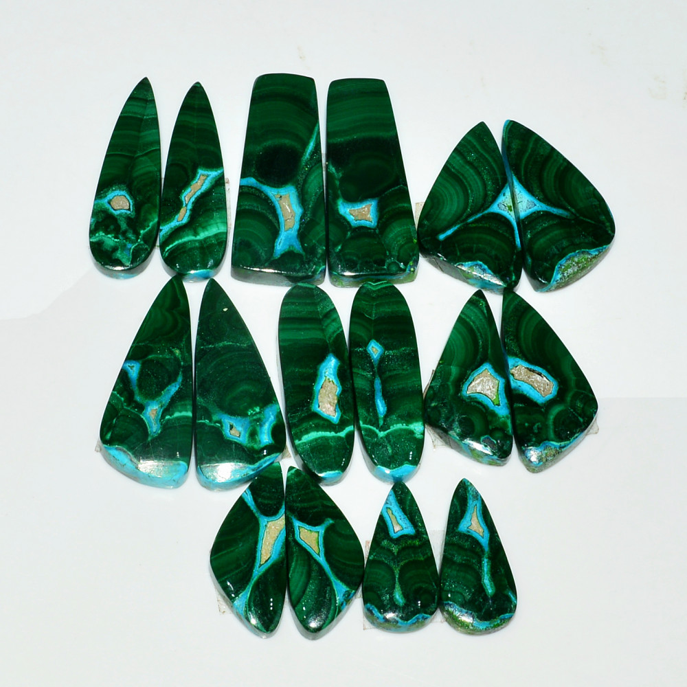Image of 8 Pairs 252Cts Natural Malachite Loose Gemstone Cabochon Pair Lot for Silver Earrings 34x12  20x10mm #19045