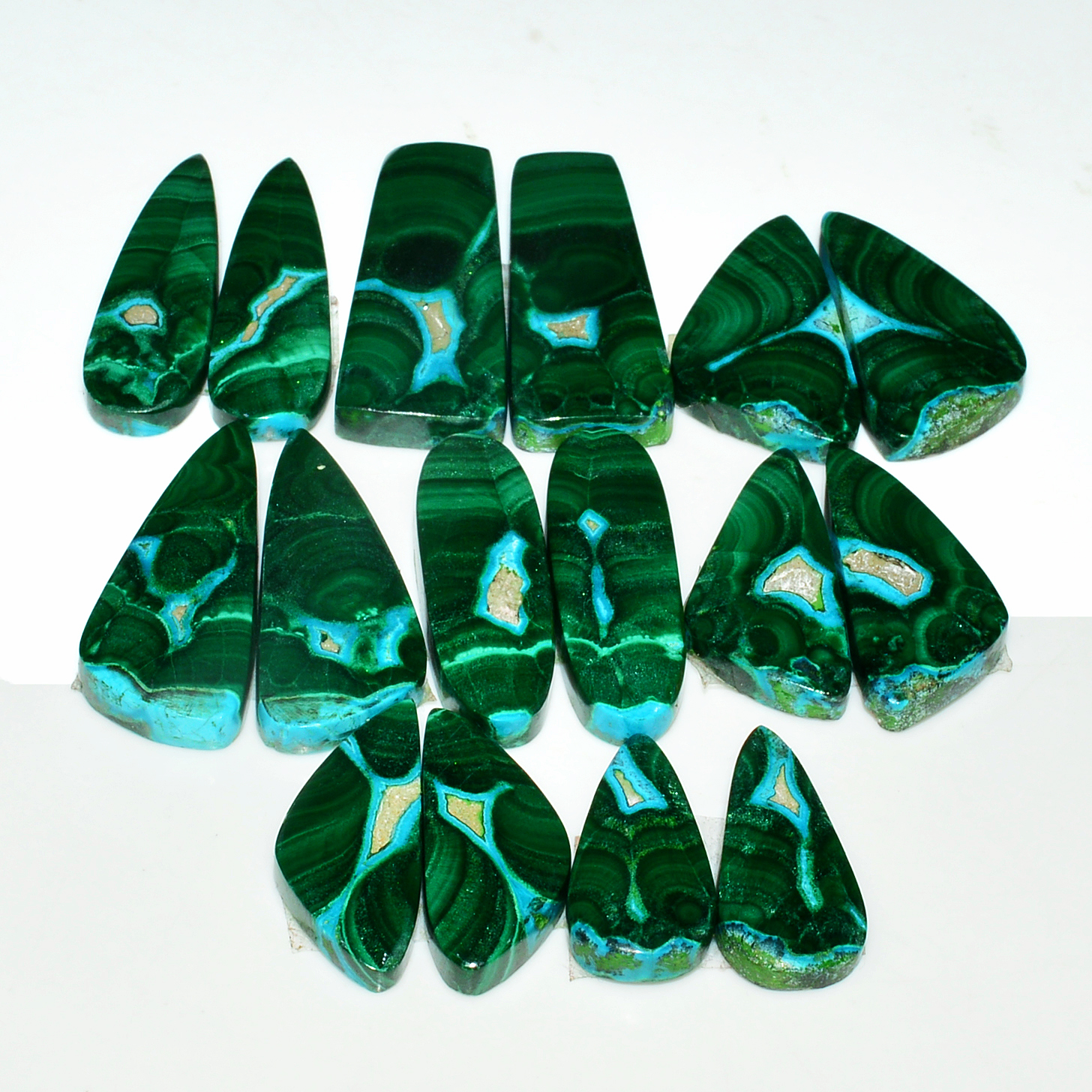 8 Pairs 252Cts Natural Malachite Loose Gemstone Cabochon Pair Lot for Silver Earrings 34x12 20x10mm 19045
