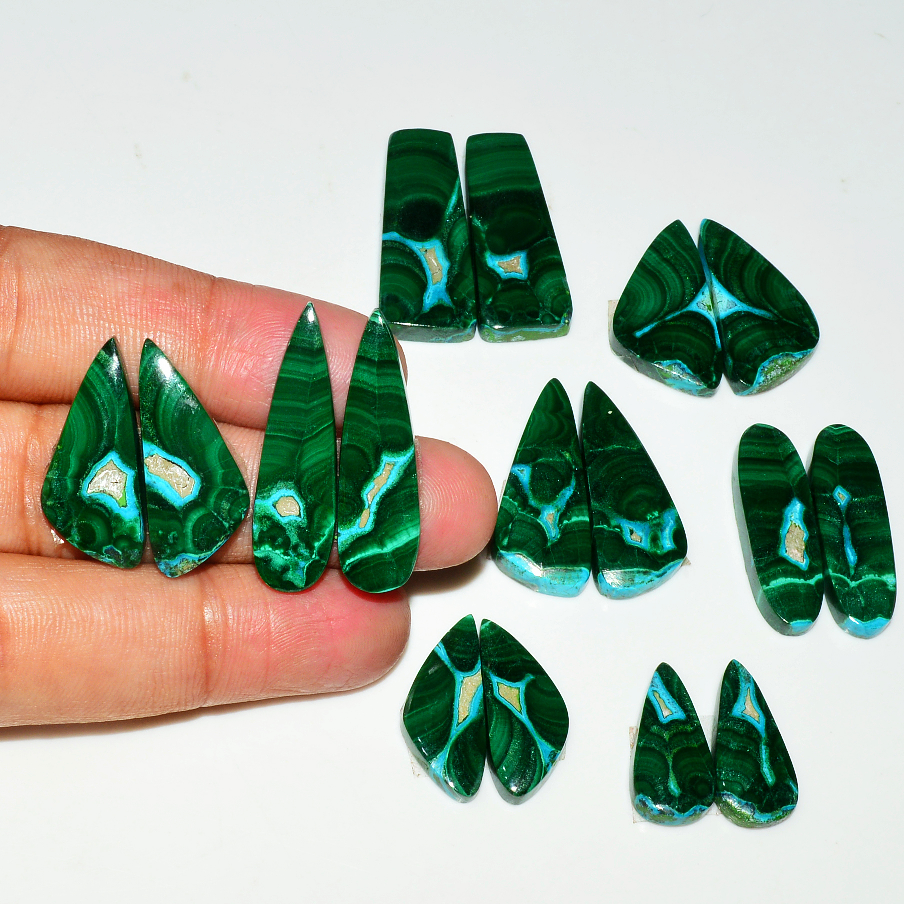 8 Pairs 252Cts Natural Malachite Loose Gemstone Cabochon Pair Lot for Silver Earrings 34x12 20x10mm 19045