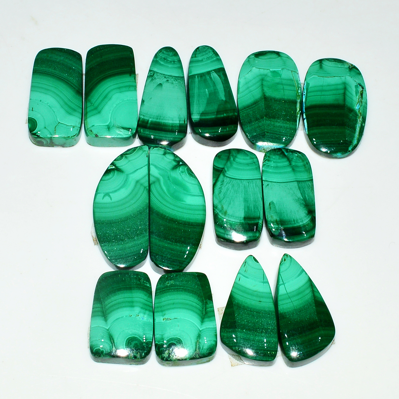 7 Pairs 210Cts Natural Malachite Loose Gemstone Cabochon Pair Lot for Silver Earrings 27x11  19x11mm 19047