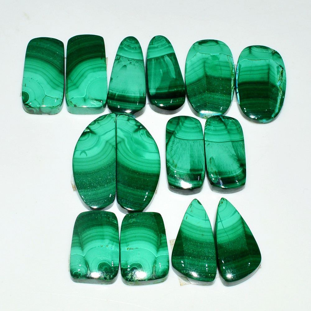 Image of 7 Pairs 210Cts Natural Malachite Loose Gemstone Cabochon Pair Lot for Silver Earrings 27x11  19x11mm #19047
