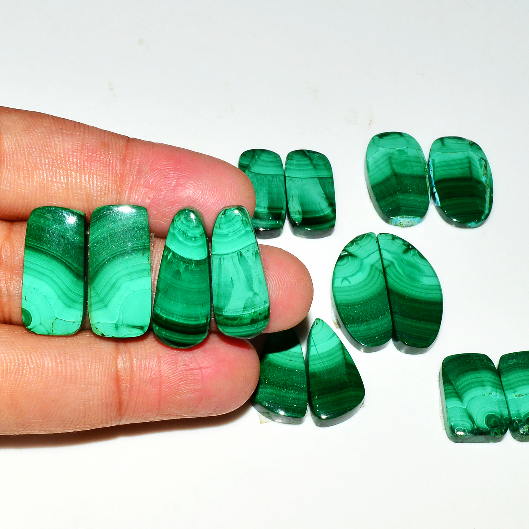 7 Pairs 210Cts Natural Malachite Loose Gemstone Cabochon Pair Lot for Silver Earrings 27x11  19x11mm 19047