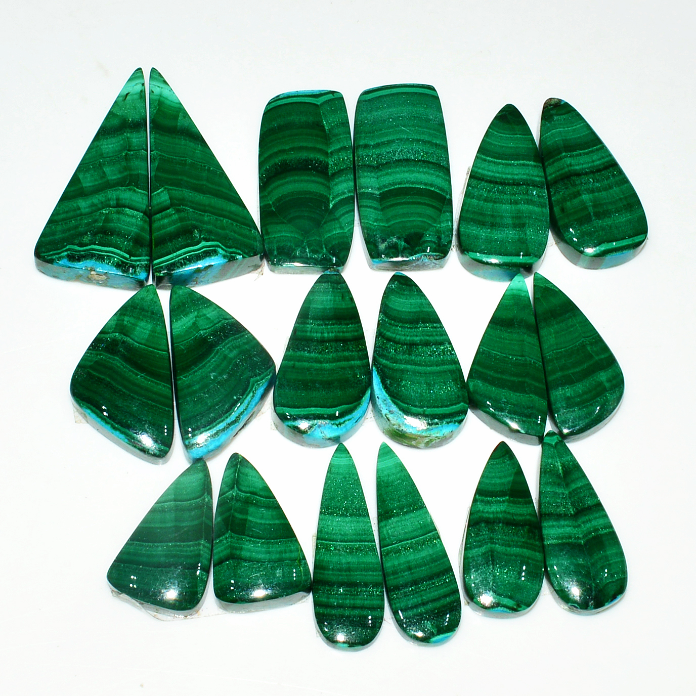 9 Pairs 235Cts Natural Malachite Loose Gemstone Cabochon Pair Lot for Silver Earrings 30x12 20x10mm 19049