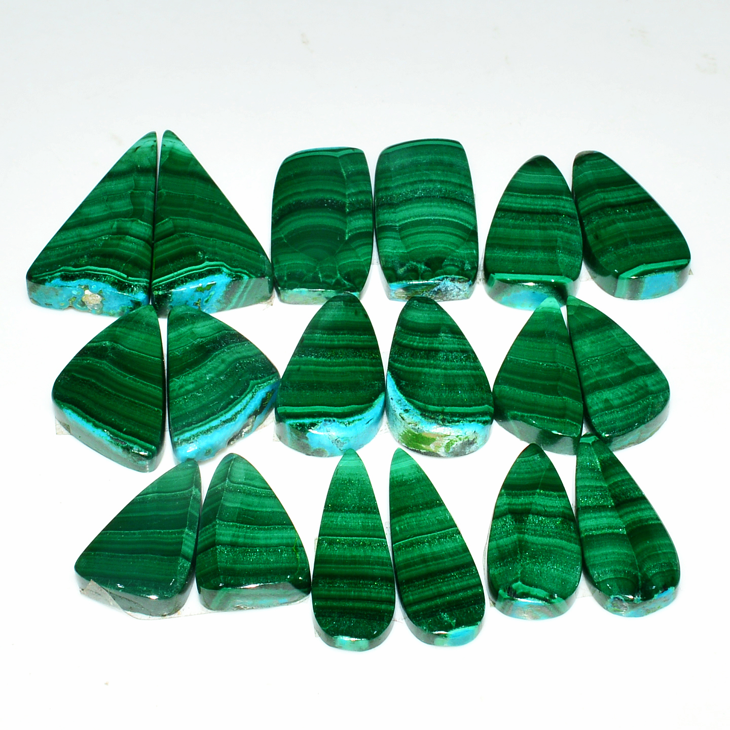 9 Pairs 235Cts Natural Malachite Loose Gemstone Cabochon Pair Lot for Silver Earrings 30x12 20x10mm 19049