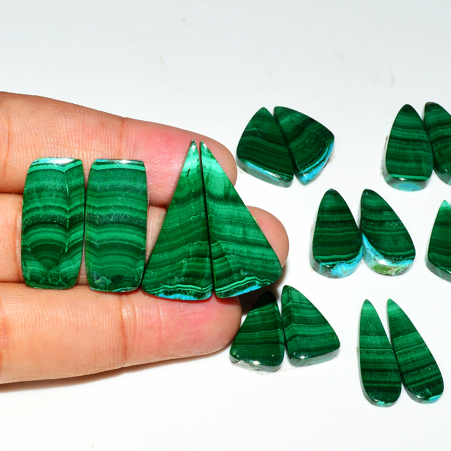9 Pairs 235Cts Natural Malachite Loose Gemstone Cabochon Pair Lot for Silver Earrings 30x12 20x10mm 19049