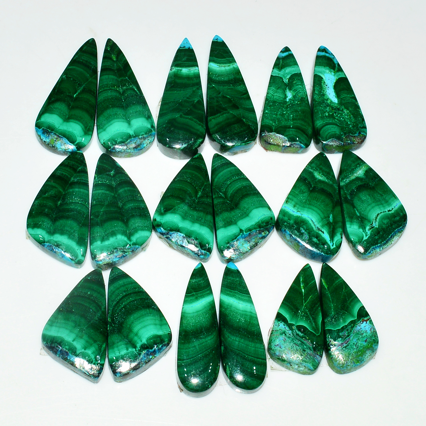 9 Pairs 206Cts Natural Malachite Loose Gemstone Cabochon Pair Lot for Silver Earrings 26x10 20x10mm 19050