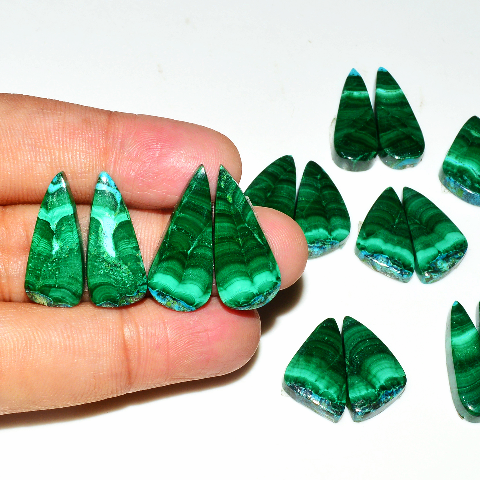 9 Pairs 206Cts Natural Malachite Loose Gemstone Cabochon Pair Lot for Silver Earrings 26x10 20x10mm 19050