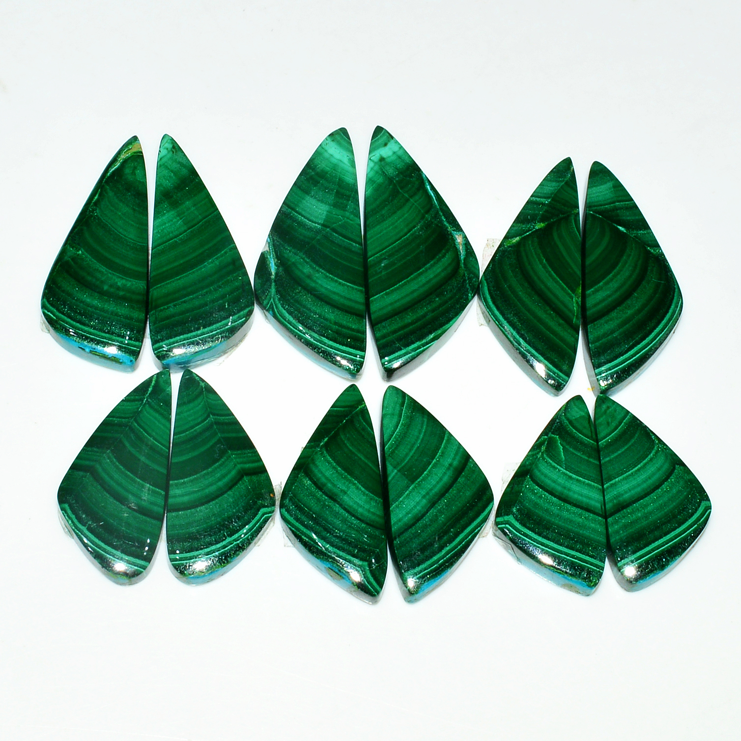 6 Pairs 199Cts Natural Malachite Loose Gemstone Cabochon Pair Lot for Silver Earrings 32x12 25x12mm 19051