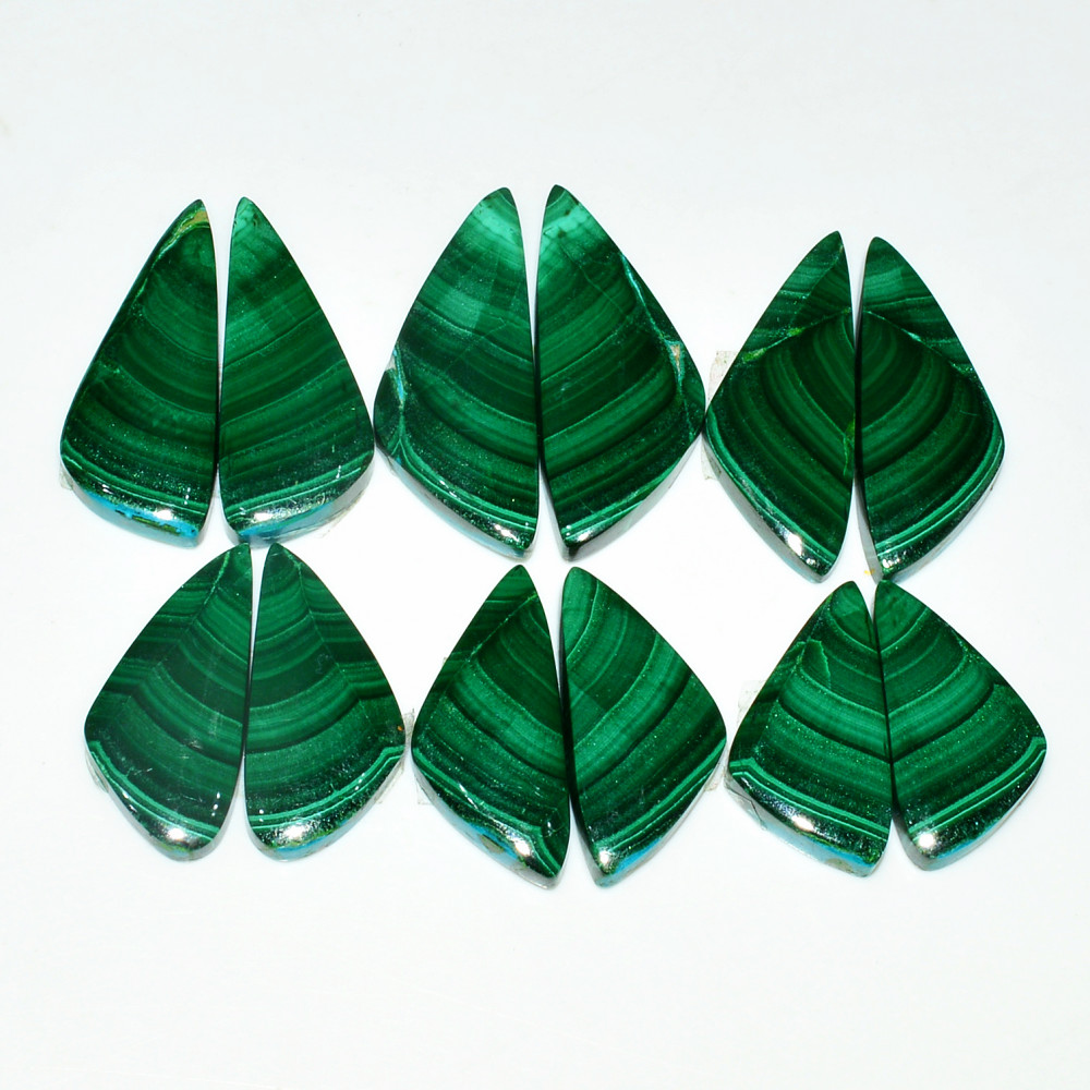 Image of 6 Pairs 199Cts Natural Malachite Loose Gemstone Cabochon Pair Lot for Silver Earrings 32x12  25x12mm #19051