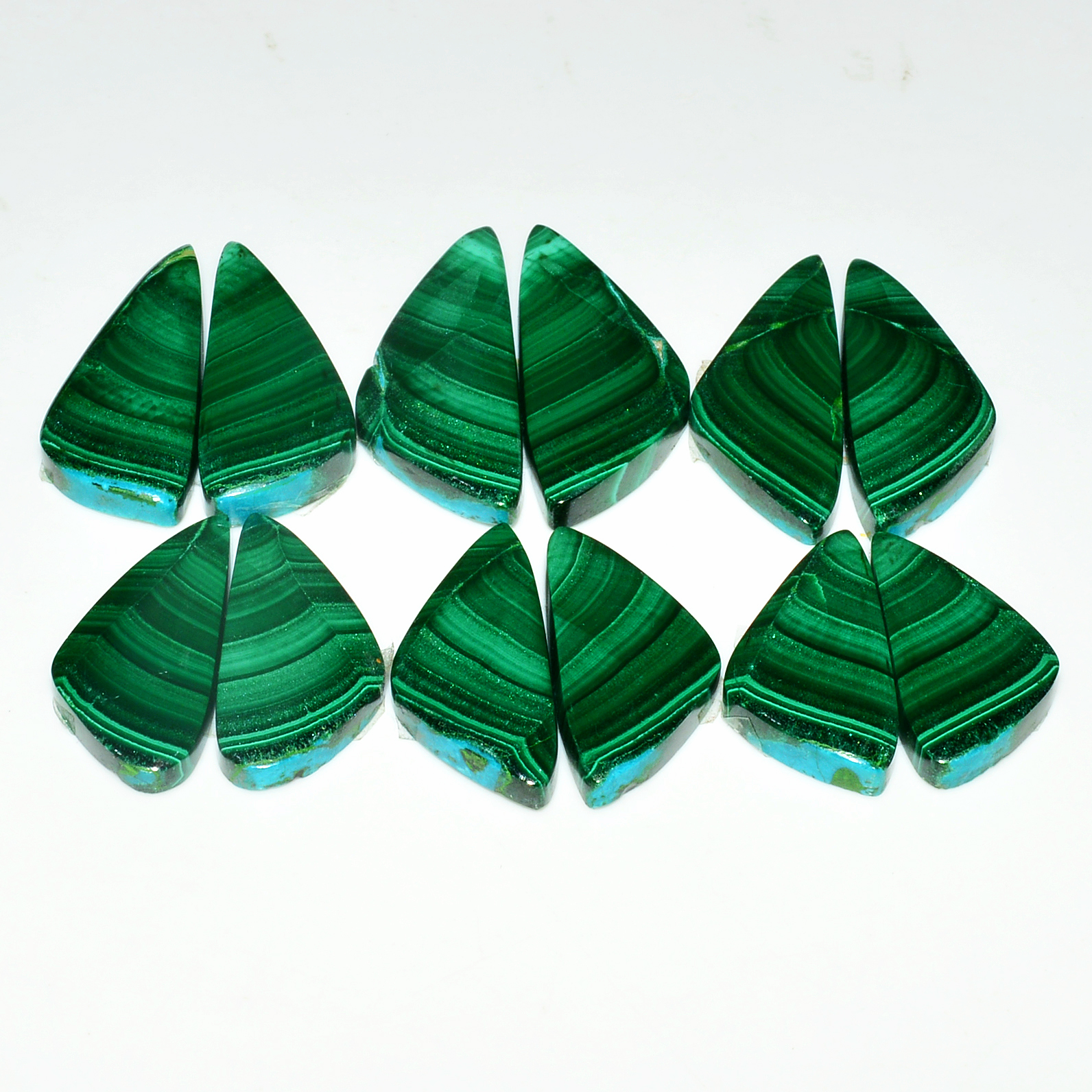 6 Pairs 199Cts Natural Malachite Loose Gemstone Cabochon Pair Lot for Silver Earrings 32x12 25x12mm 19051