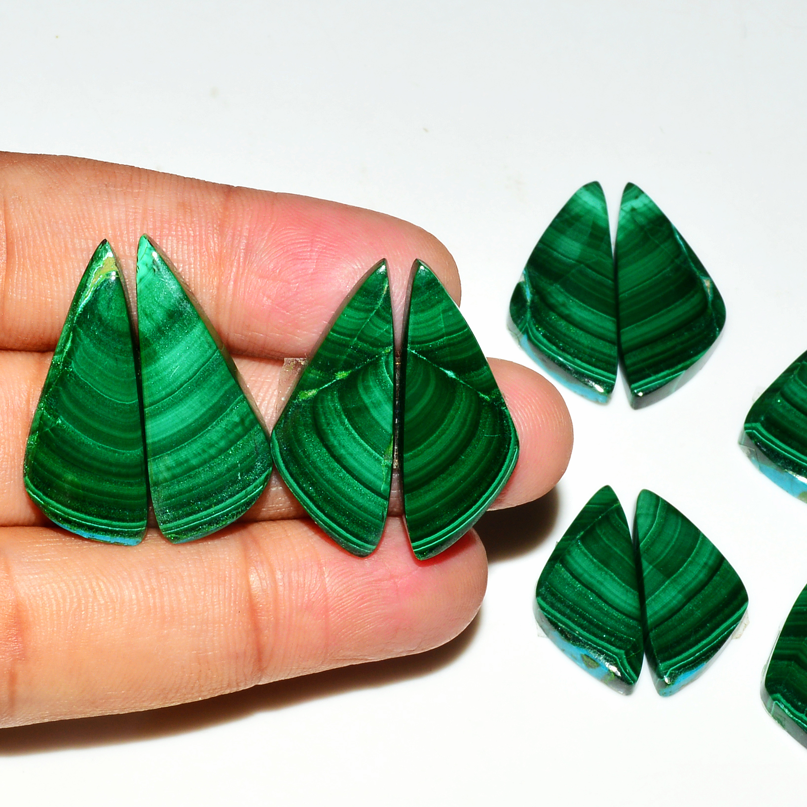 6 Pairs 199Cts Natural Malachite Loose Gemstone Cabochon Pair Lot for Silver Earrings 32x12 25x12mm 19051