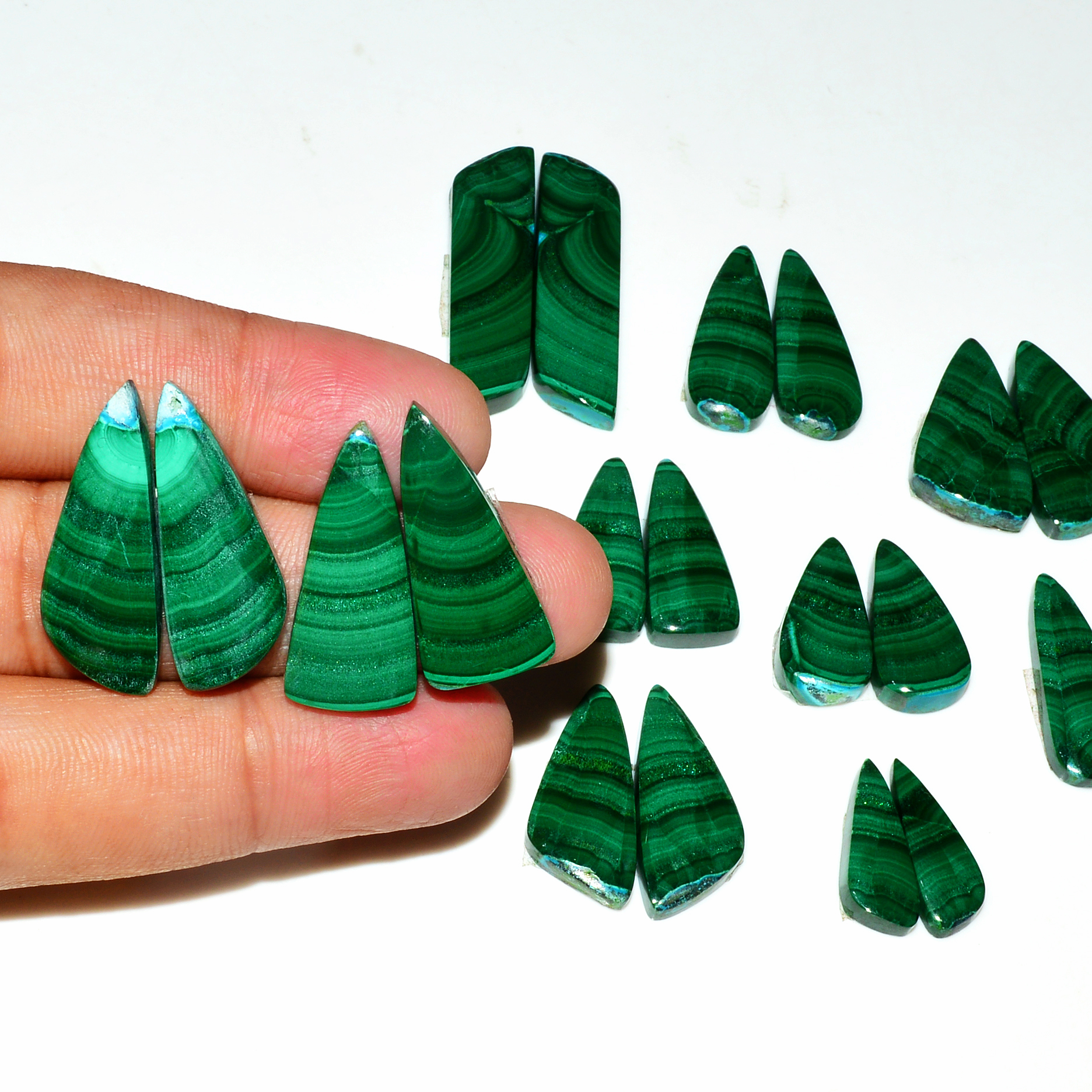 10 Pairs 276Cts Natural Malachite Loose Gemstone Cabochon Pair Lot for Silver Earrings 40x10 20x10mm 19052