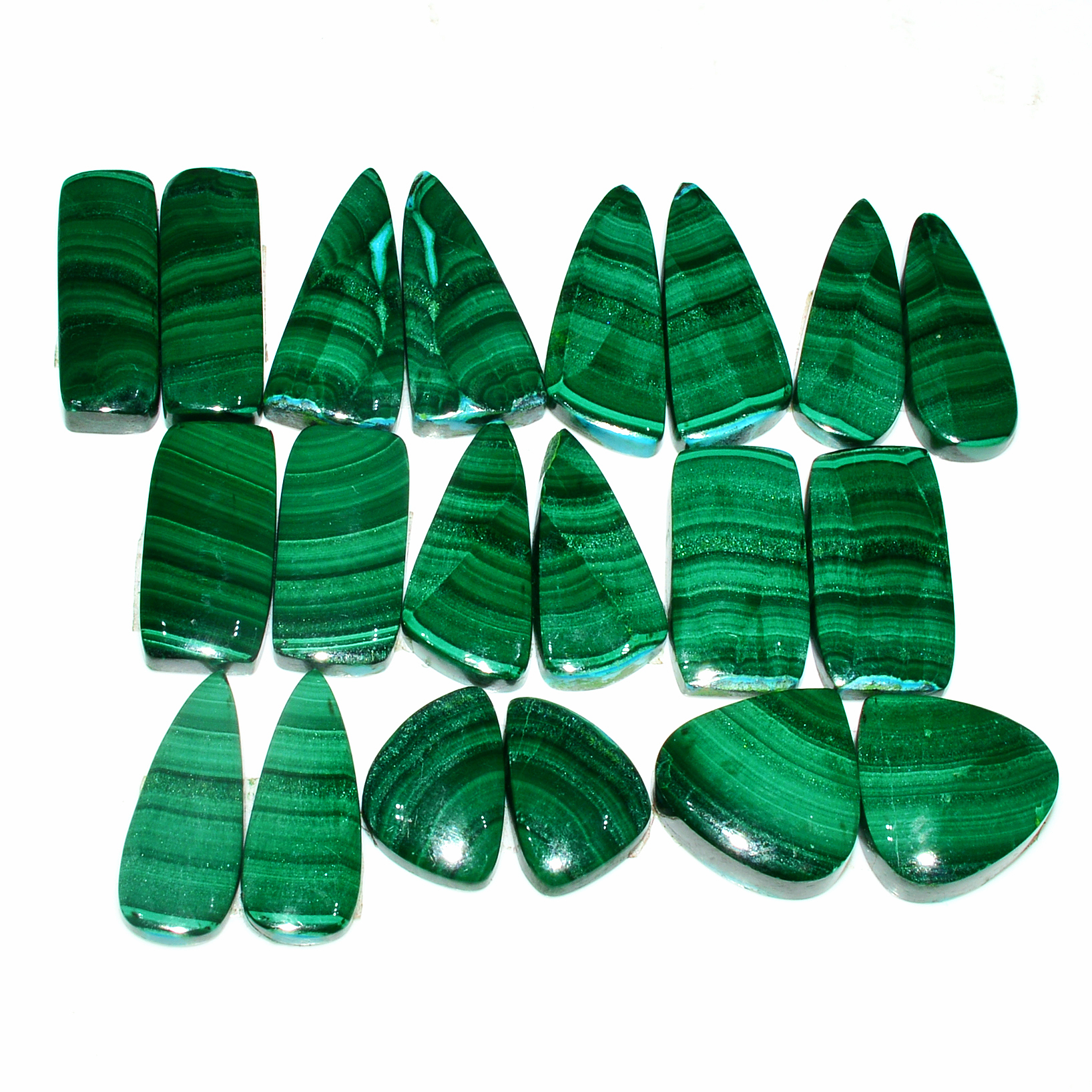 10 Pairs 295Cts Natural Malachite Loose Gemstone Cabochon Pair Lot for Silver Earrings 27x10 17x11mm 19053