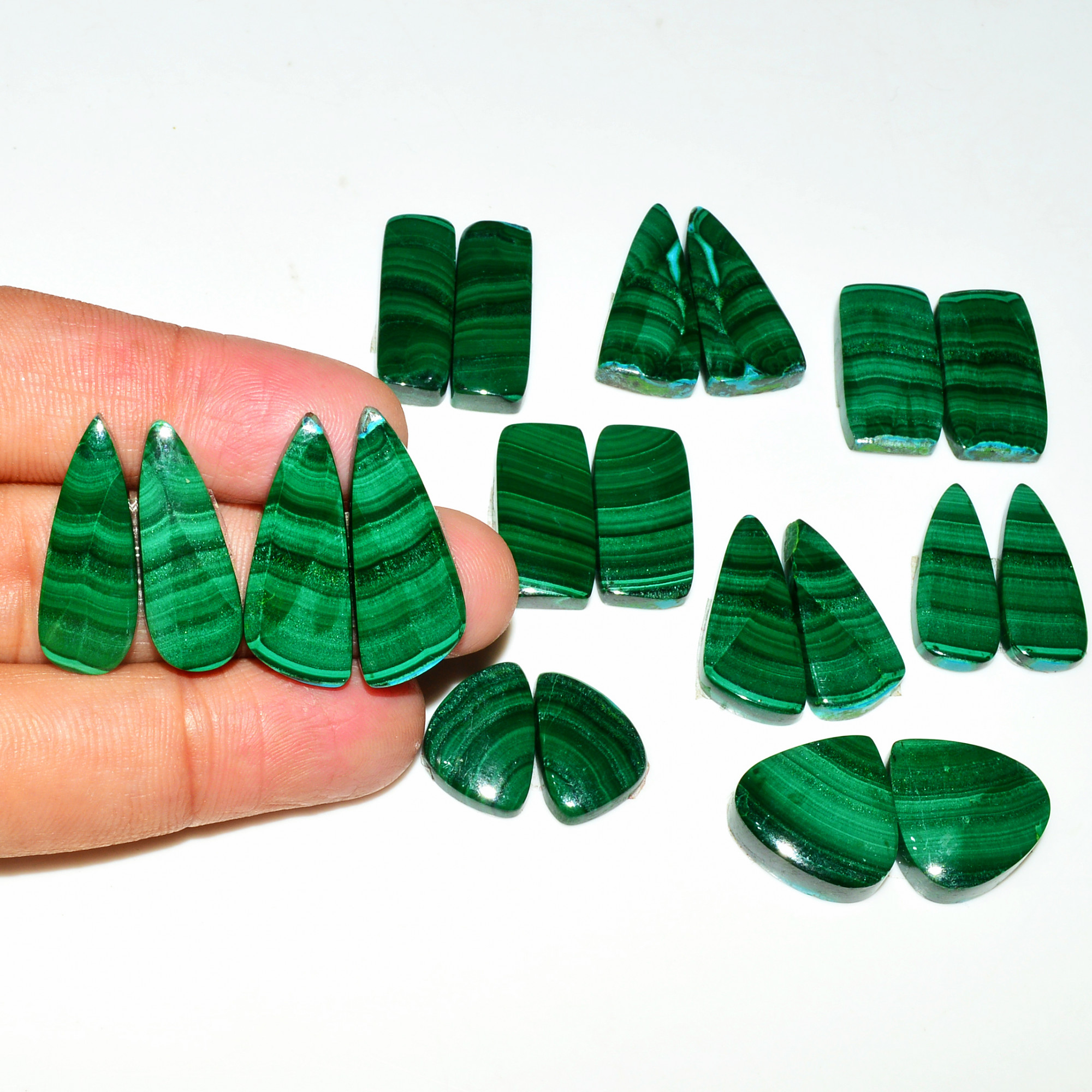 10 Pairs 295Cts Natural Malachite Loose Gemstone Cabochon Pair Lot for Silver Earrings 27x10 17x11mm 19053