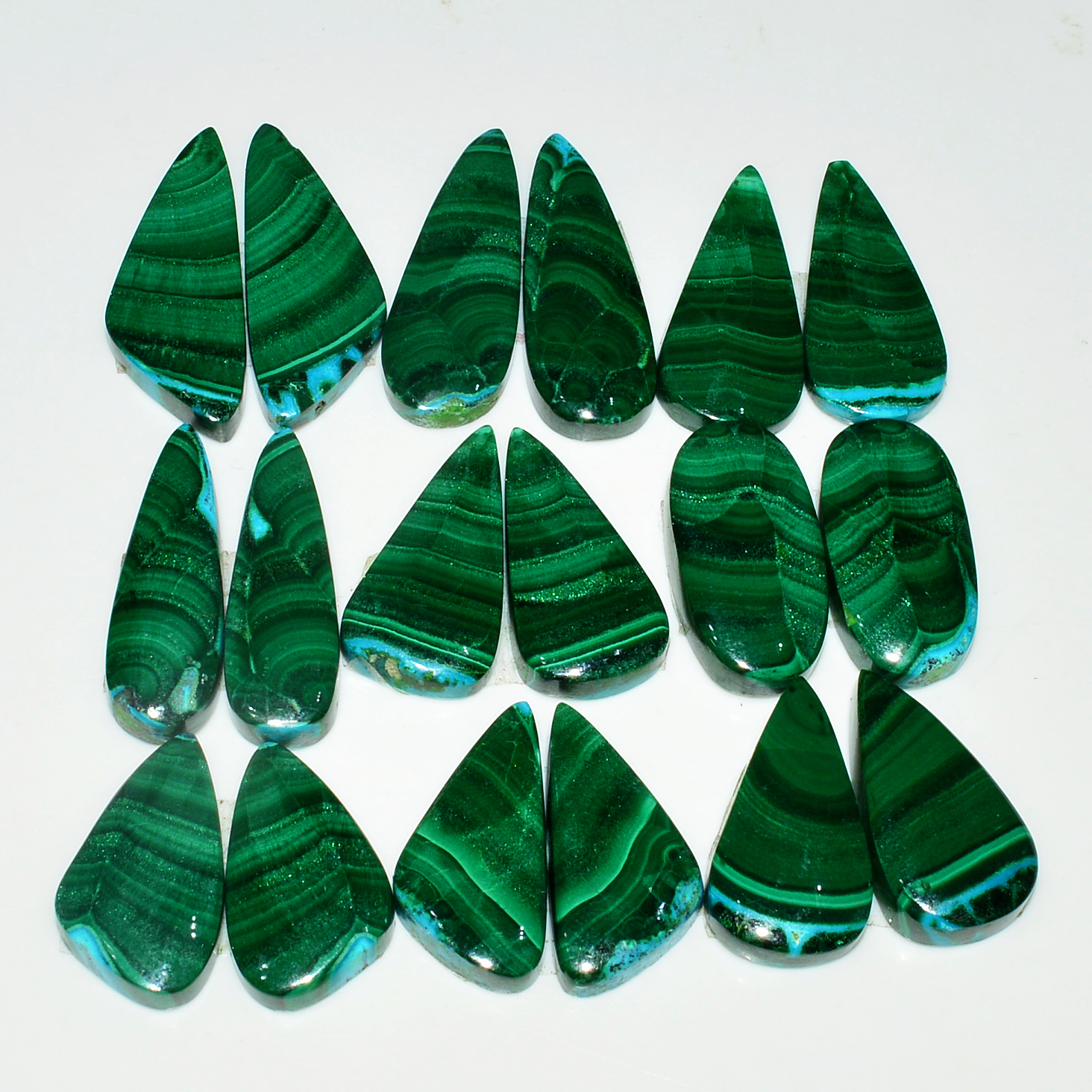 9 Pairs 233Cts Natural Malachite Loose Gemstone Cabochon Pair Lot for Silver Earrings 30x10 22x12mm 19054